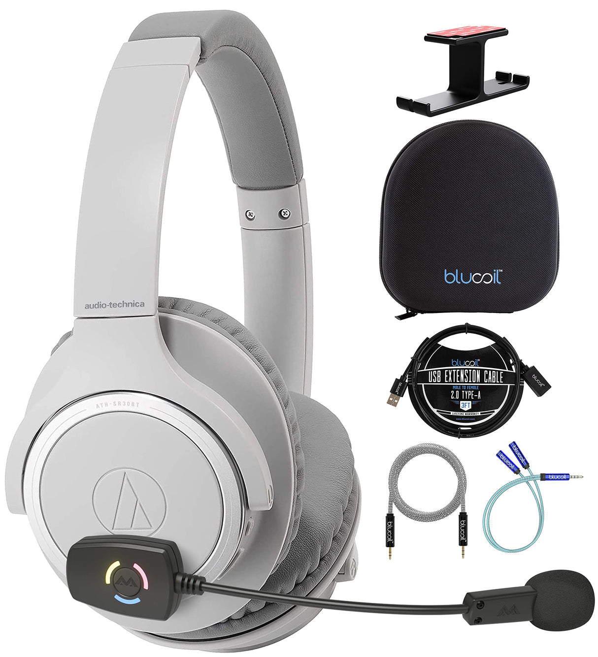 blucoil Audio Technica ATH-SR30BTGY Bluetooth Headphones (Natural Gray) Bundle with Audio ModMic Wireless, Headphone Case and Hook, Y Splitter Cable, 3' USB Extension Cable, and 5' Aux Cable