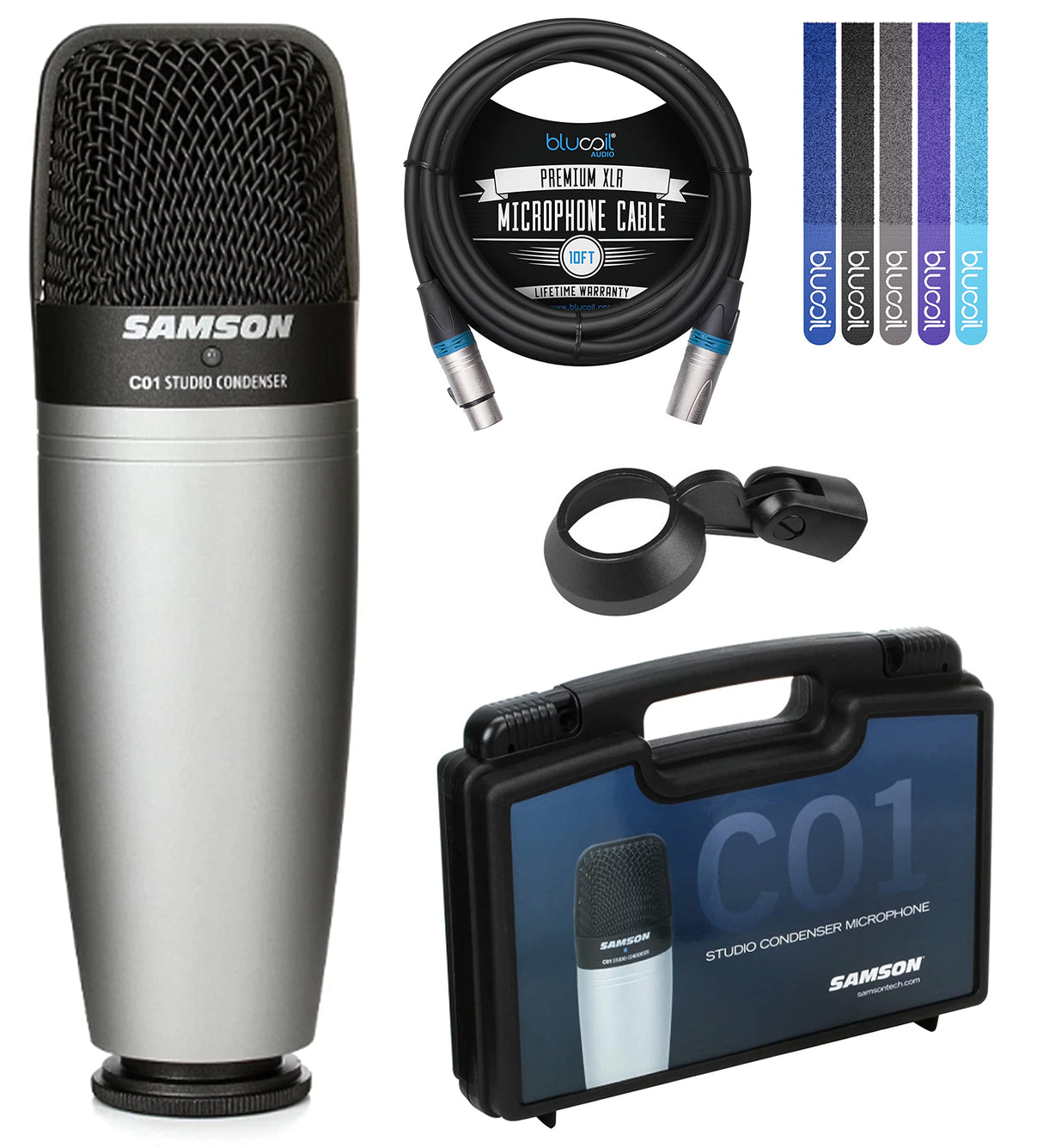 blucoil Samson C01 Large-Diaphragm Cardioid Condenser Microphone for Vocals, Acoustic Guitar, Piano, Overhead Drum Kit Bundle 10-FT Balanced XLR Cable, and 5-Pack of Reusable Cable Ties