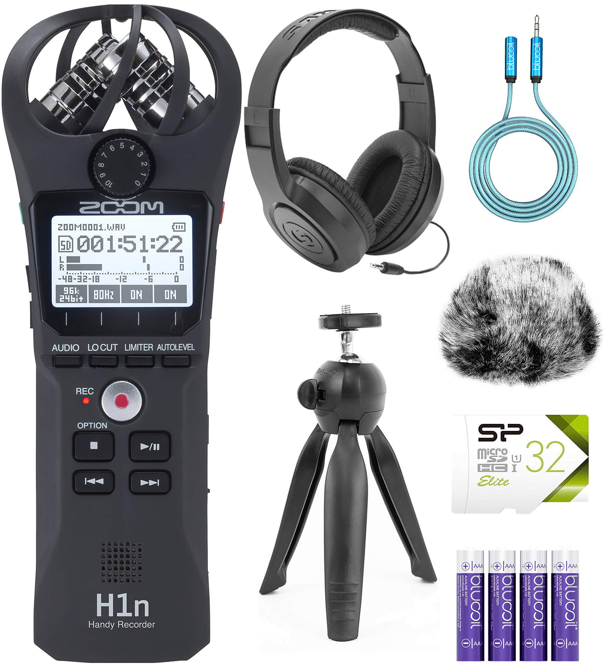Zoom H1N Handy Recorder Bundle with 32GB Class 10 MicroSD Card, Samson SR350 Headphones, Blucoil 6' 3.5mm Extension Cable, 4 AAA Batteries, Mic Furry Windscreen, and Table Top Camera Tripod