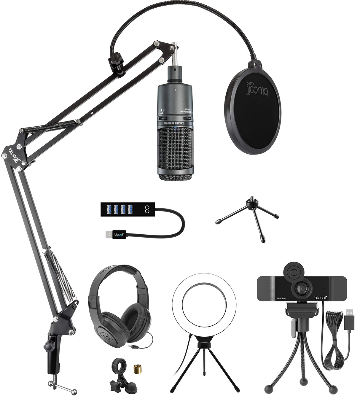 Audio-Technica AT2020USB+ Cardioid Condenser USB Microphone Bundle with Blucoil Boom Arm Plus Pop Filter, 1080p USB Webcam, 6" Ring Light, USB-A Mini Hub, and Samson SR350 Over-Ear Stereo Headphones