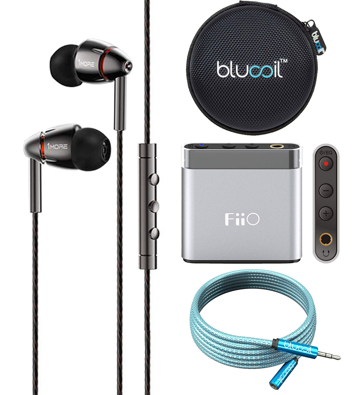 1MORE E1010 Quad Driver In-Ear Headphones Bundle with FiiO A1 Silver Portable Headphone Amplifier, Blucoil 6-FT Headphone Extension Cable (3.5mm), and Portable Earphone Hard Case