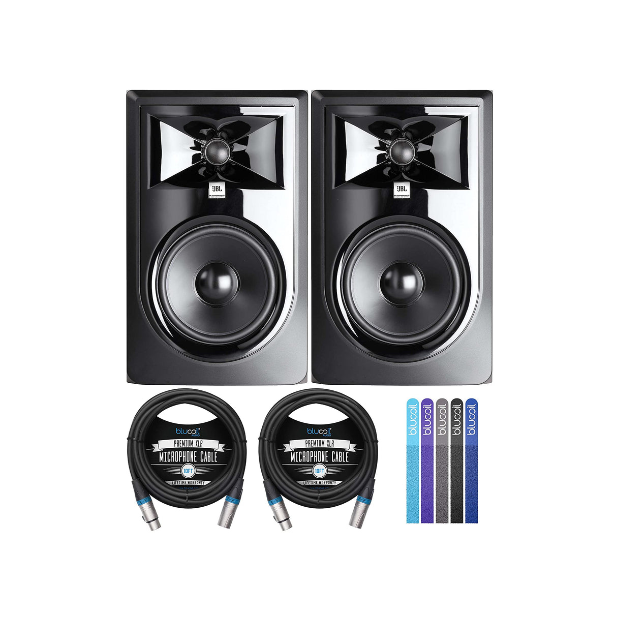 JBL Professional 306P MkII Next-Generation 6" 2-Way Powered Studio Monitors (2-Pack) Bundle with Blucoil 10-FT Balanced XLR Cables (2-Pack), and Reusable Cable Ties (5-Pack)