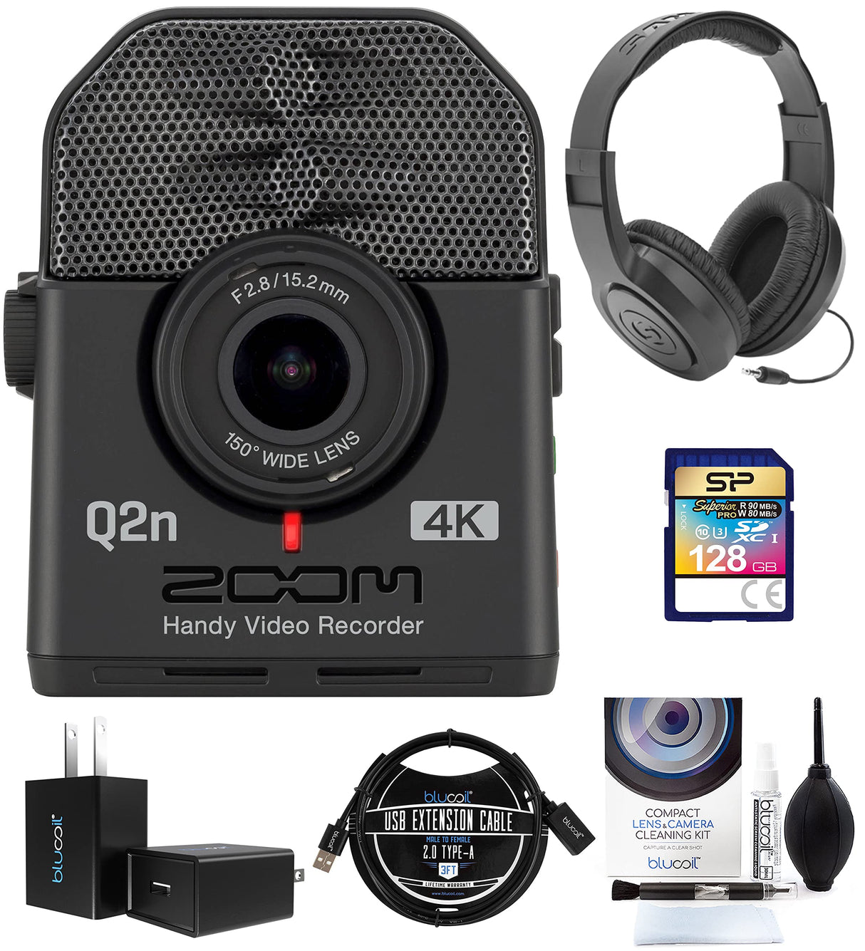 blucoil Zoom Q2N-4K Handy Video Recorder Bundle with Samson SR350 Over-Ear Stereo Headphones, Silicon Power 128GB SDXC Card, 3' USB Extension Cable, USB Wall Adapter, and Camera Cleaning Kit