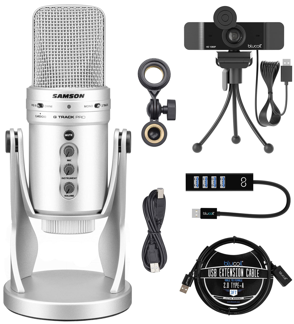 blucoil Samson G-Track Pro Professional USB Condenser Microphone with Audio Interface, Silver Bundle Boom Arm Plus Pop Filter, and 3' USB Extension Cable - Compatible with Windows and Mac