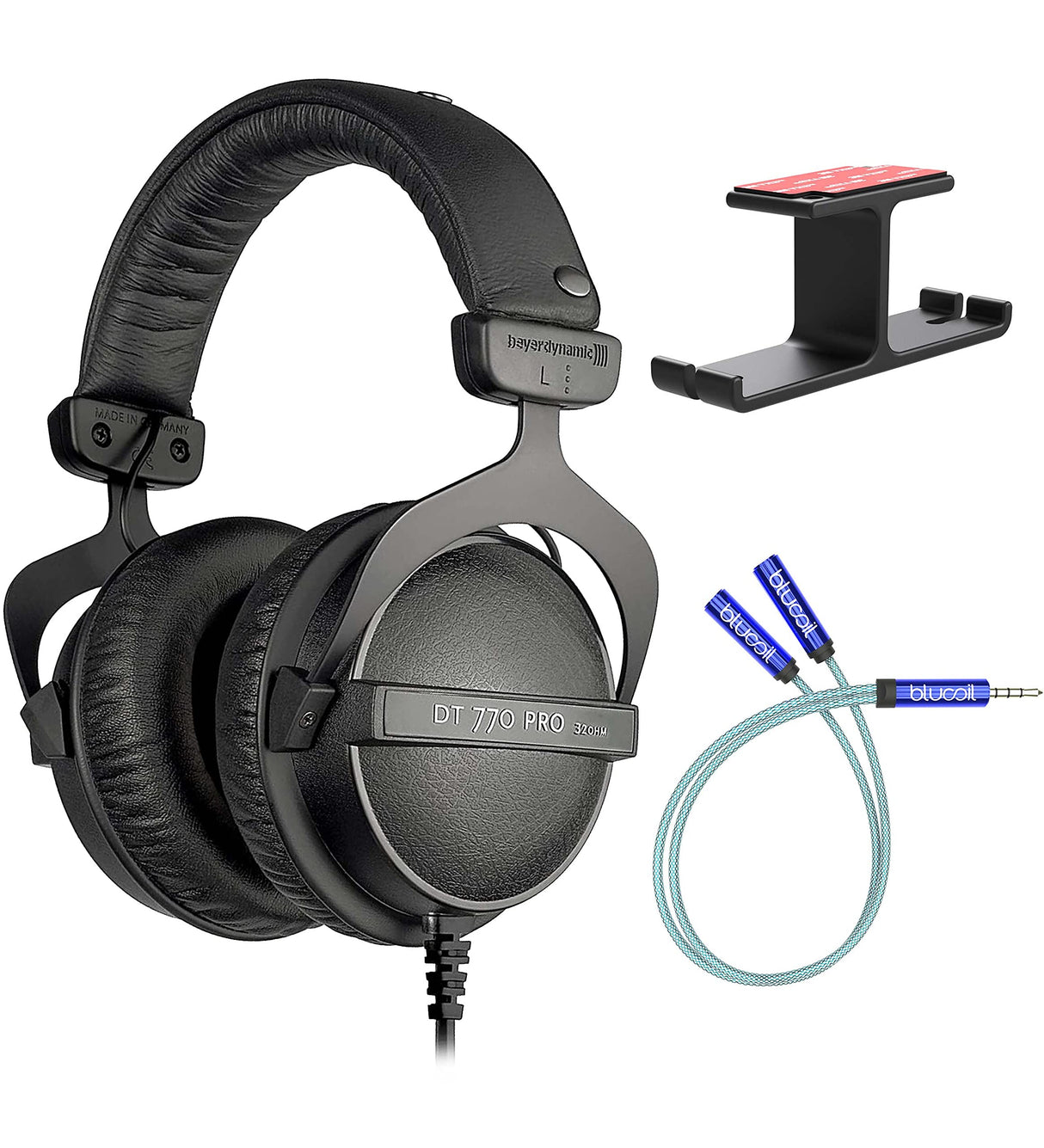 Beyerdynamic DT 770 PRO 32 Ohm Over-Ear Studio Headphones in Black for Computers and Mobile Phones Bundle with Blucoil Aluminum Dual Suspension Headphone Hanger, and Y Splitter Cable for Audio and Mic