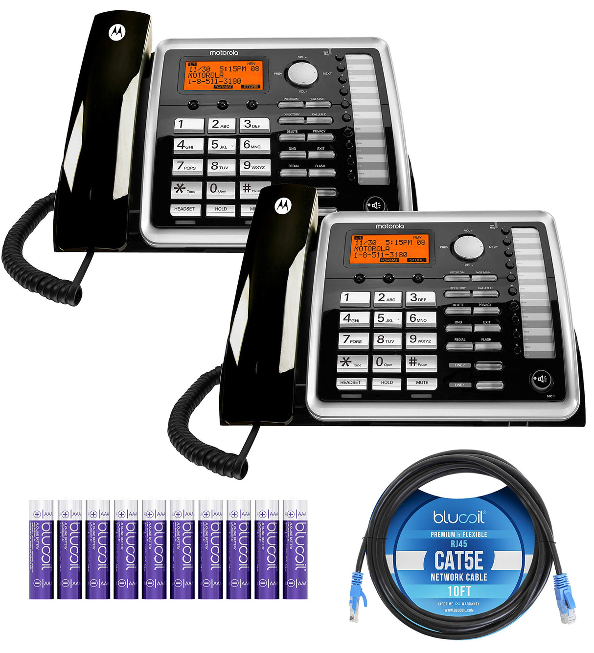 Motorola ML25260 DECT 6.0 Expandable Corded 2-Line Business Phones with Full Duplex Speakerphone and Caller ID/Call Waiting (2-Pack) Bundle with Blucoil 10-FT 1 Gbps Cat5e Cable and 10 AAA Batteries