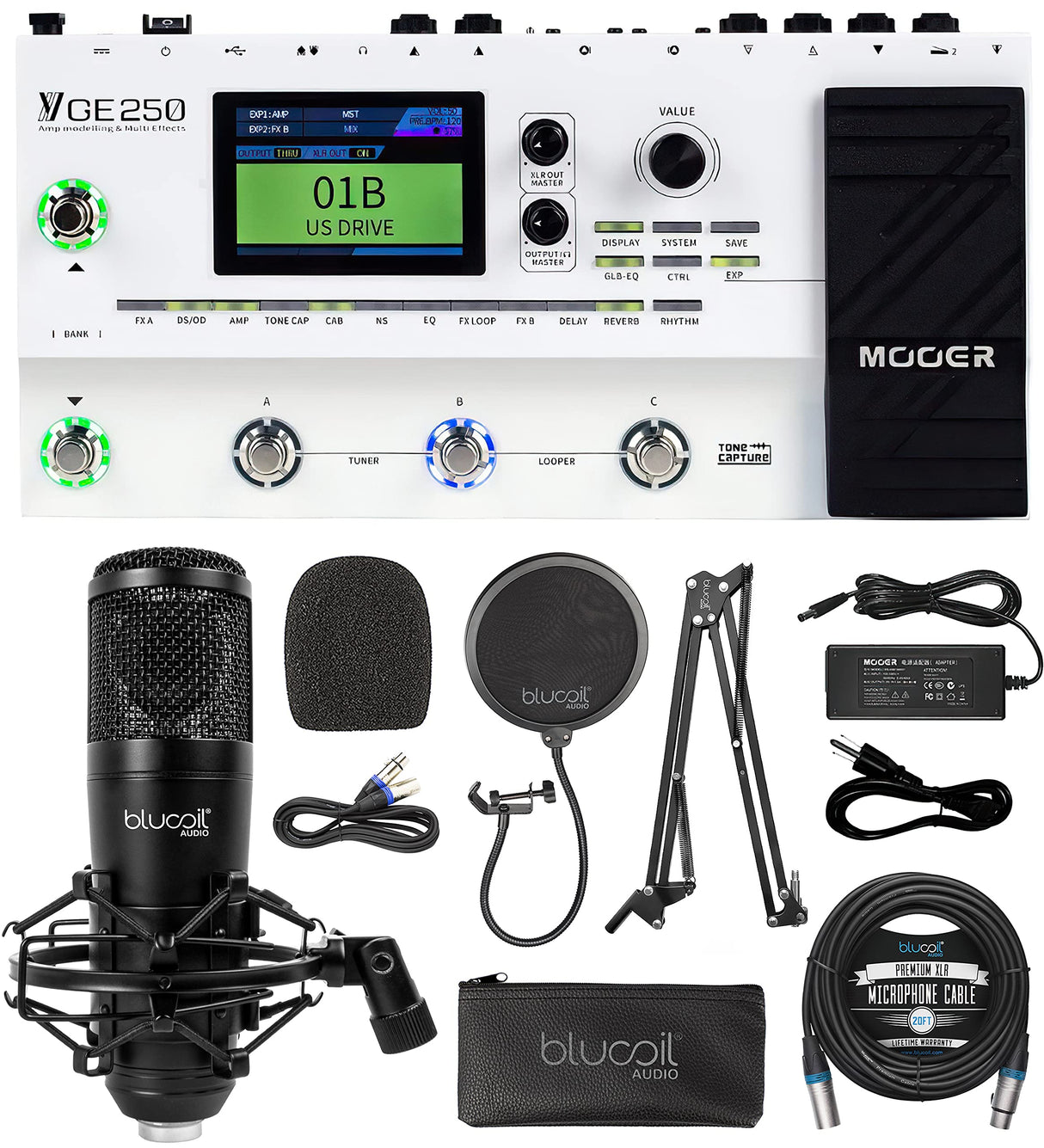 MOOER GE250 Guitar Amp Modelling and Multi Effects Pedal Bundle with Blucoil Cardioid Condenser Studio XLR Microphone, Boom Arm Plus Pop Filter, and 20-FT Balanced XLR Cable