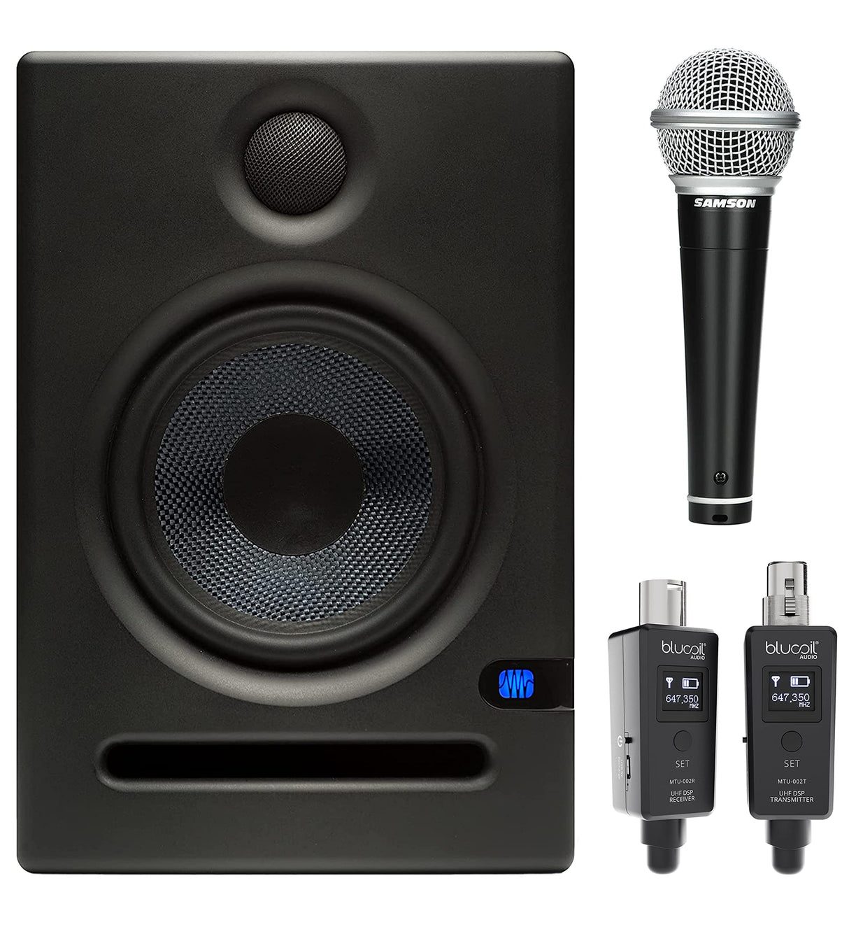 blucoil Eris E5 2-Way 5.25" Near Field Studio Monitor (Single) for Computer, Audio Interface, Gaming System, Media Player Bundle Wireless Mic System, and Samson R21S Dynamic Microphone