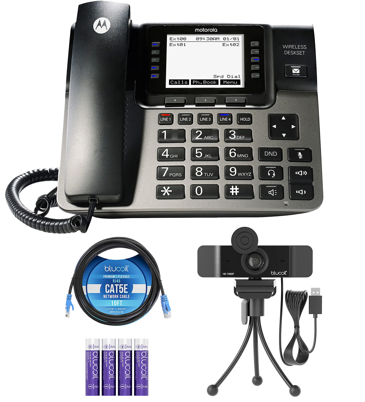 Motorola ML1000 DECT 6.0 Expandable 4-line Business Phone System with Voicemail, Digital Receptionist Bundle with Blucoil 4 AAA Batteries, 10' Cat5 Cable, and 1080p USB Webcam with Built-in Microphone