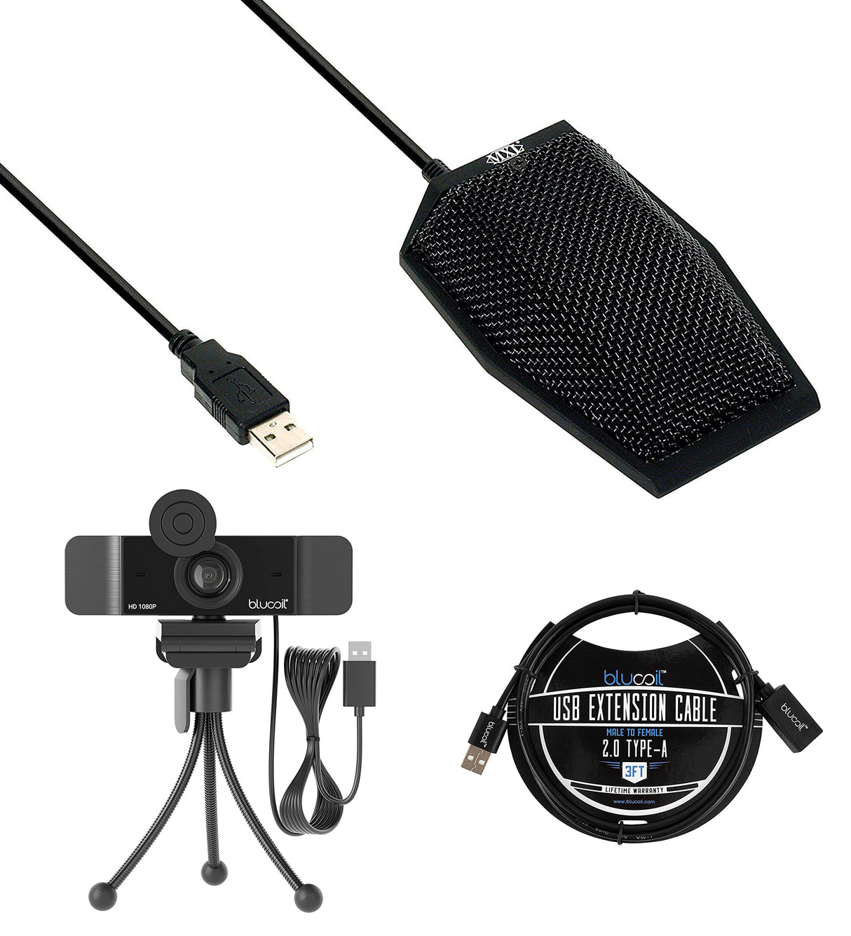 blucoil MXL Condenser Microphone, Black (AC-404) - USB Conference Mic for Web Conferencing, Game Streaming, Court Reporting Bundle 3' USB Extension Cable, and 1080p USB Webcam for Windows & Mac