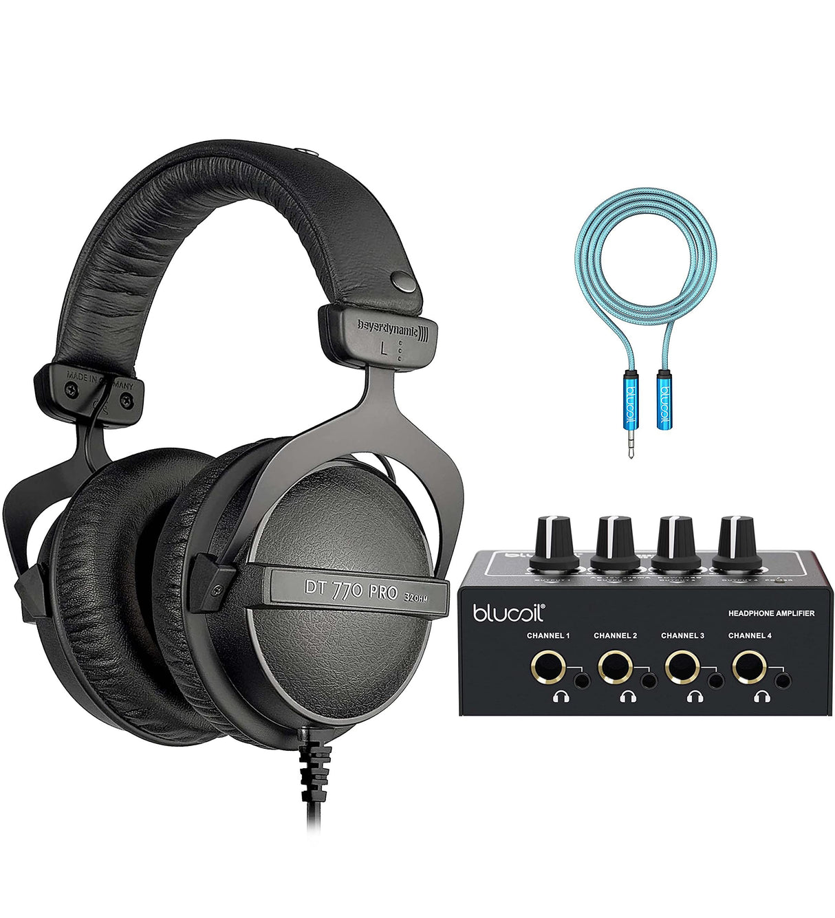blucoil Beyerdynamic DT 770 PRO 32 Ohm Over-Ear Studio Headphones in Black for Smartphones, Tablets, Mobile Devices Bundle 4-Channel Headphone Amplifier, and 6' 3.5mm Extension Cable