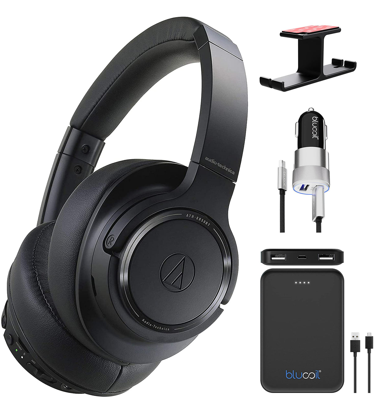 blucoil Audio Technica ATH-SR50BT Bluetooth Wireless Over-Ear Headphones, Black (ATH-SR50BTBK) Bundle 5000mAh Portable Power Bank, Aluminum Headphone Hook, and USB Car Charger