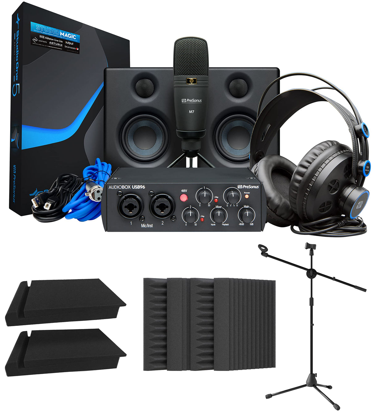 PreSonus AudioBox Studio Ultimate Bundle 25th Anniversary Edition with Studio Monitors and Studio One Artist, Blucoil 2x Isolation Pads, Adjustable Microphone Tripod Stand, and 4x 12" Acoustic Wedges