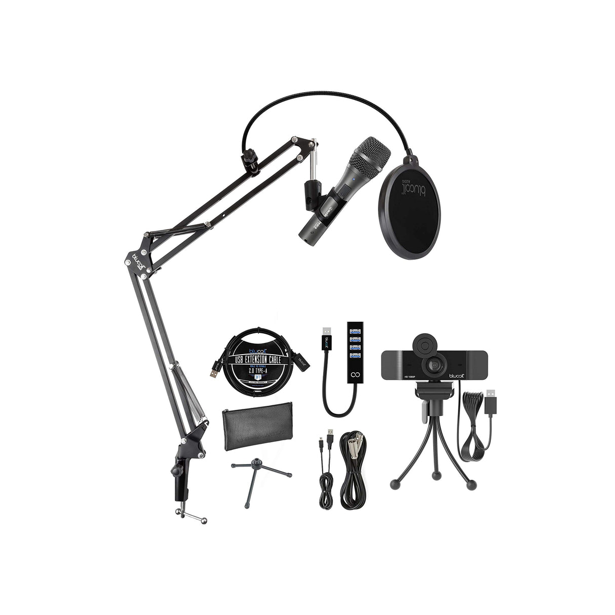 Audio-Technica AT2005USB Cardioid Dynamic USB/XLR Microphone, Black Bundle with Blucoil 1080p USB Webcam, Boom Arm Plus Pop Filter, USB-A Mini Hub, and 3' USB Extension Cable