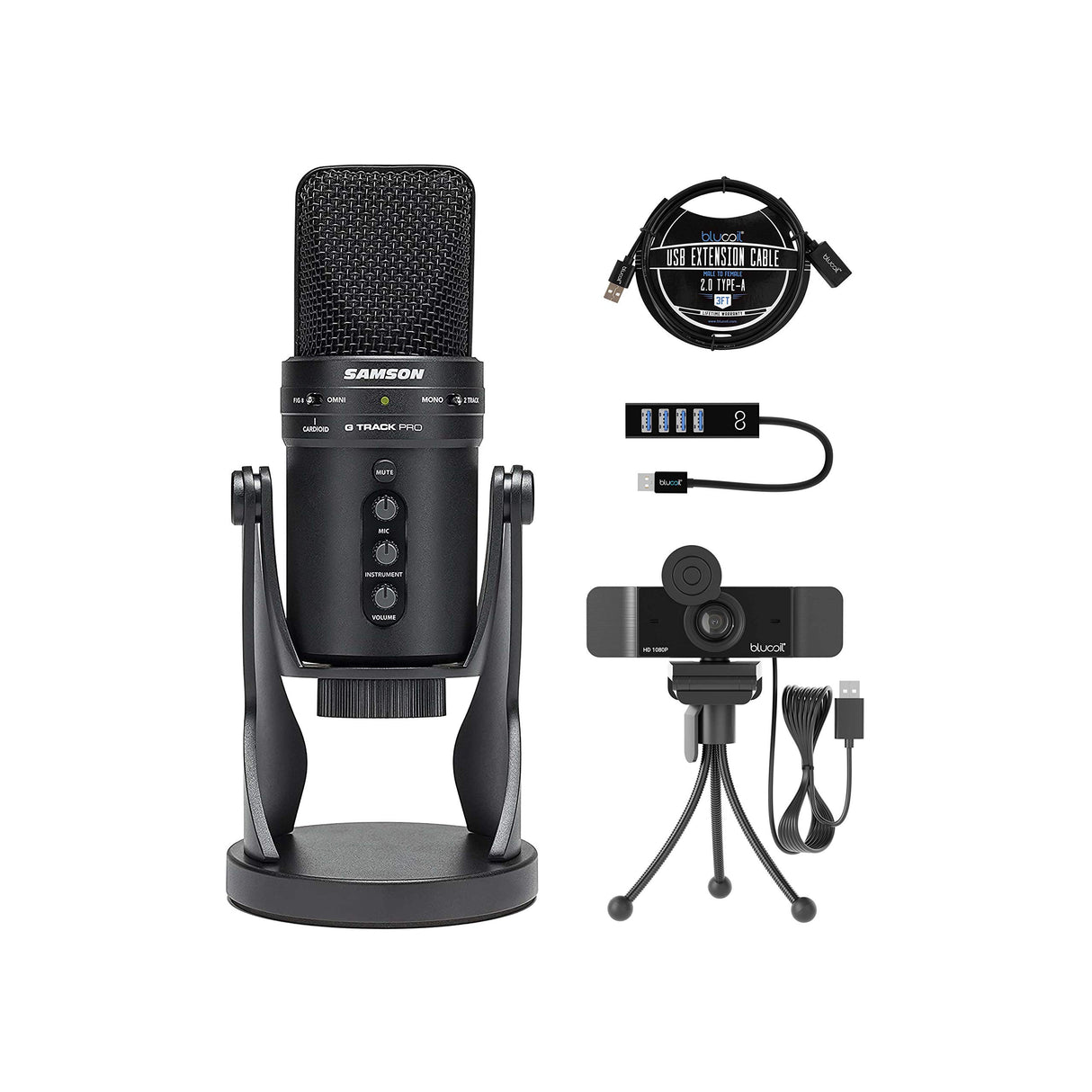 Samson G-Track Pro Professional USB Condenser Microphone, Black (SAGM1UPRO) Bundle with Blucoil 1080p USB Webcam for Windows and Mac, USB-A Mini Hub, and 3-FT USB 2.0 Type-A Extension Cable
