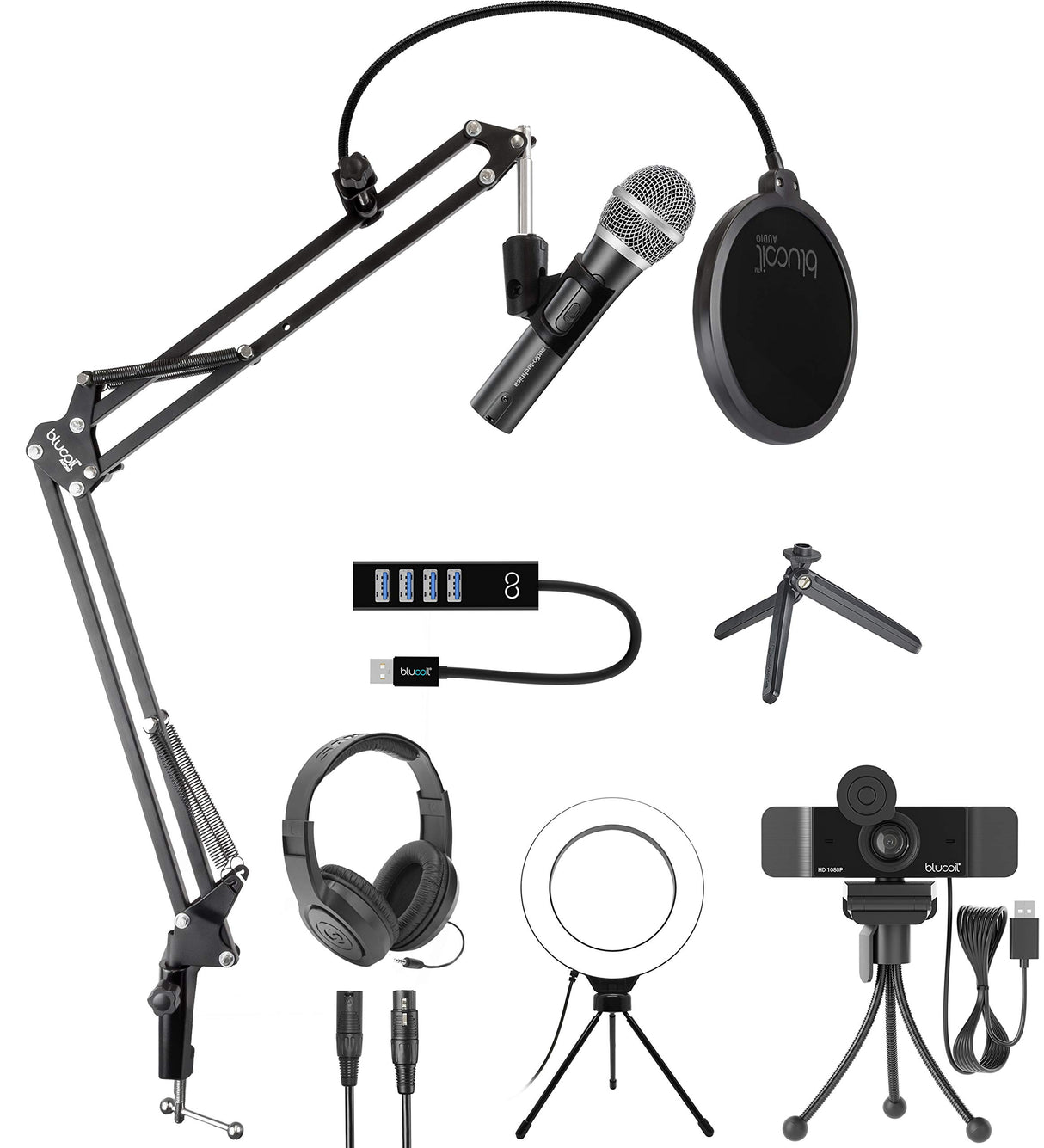 Audio-Technica ATR2100X-USB Cardioid Dynamic Microphone (ATR Series) Bundle with Blucoil 1080p USB Webcam, Boom Arm Plus Pop Filter, 6" Ring Light, Samson SR350 Headphones, and USB-A Mini Hub