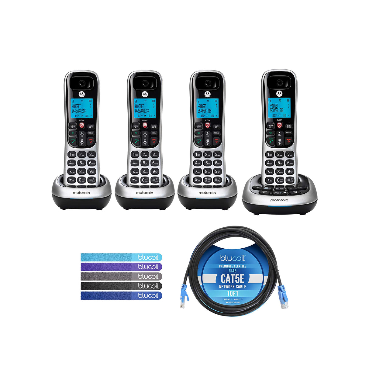 Motorola CD4014 DECT 6.0 Cordless Phones with Digital Answering Machine and Call Block (4-Pack) Bundle with Blucoil 10-FT 1 Gbps Cat5e Cable, and Reusable Cable Ties (5-Pack)