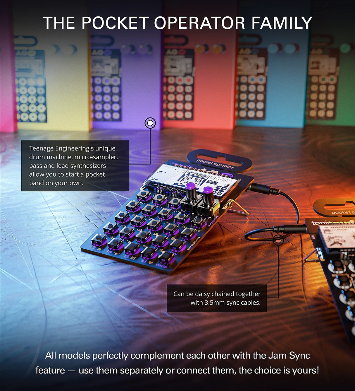teen age engineering Pocket Operator PO-20 Arcade Synthesizer and Sequencer Bundle with Samson SR350 Over-Ear Stereo Headphones, Blucoil 3-Pack of 7" Audio AUX Cables, and 4 AAA Batteries