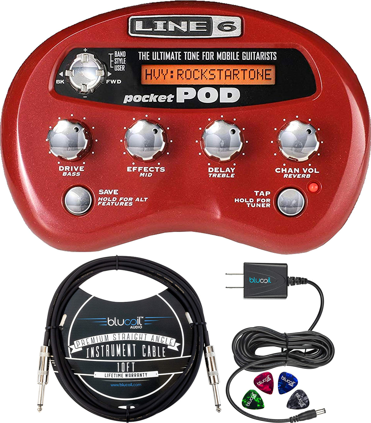Line 6 Pocket POD Multi-Effects Processor with Belt Clip Bundle with Blucoil Slim 9V Power Supply AC Adapter, 10-FT Straight Instrument Cable (1/4in), and 4-Pack of Celluloid Guitar Picks