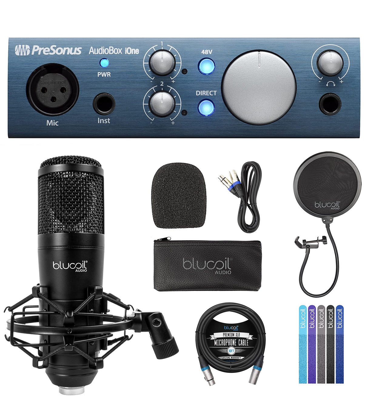 PreSonus AudioBox iOne 2x2 USB Audio Interface with Studio One Artist Bundle with Blucoil Cardioid Condenser Studio XLR Microphone, Pop Filter, 10' XLR Cable, and 5-Pack of Reusable Cable Ties