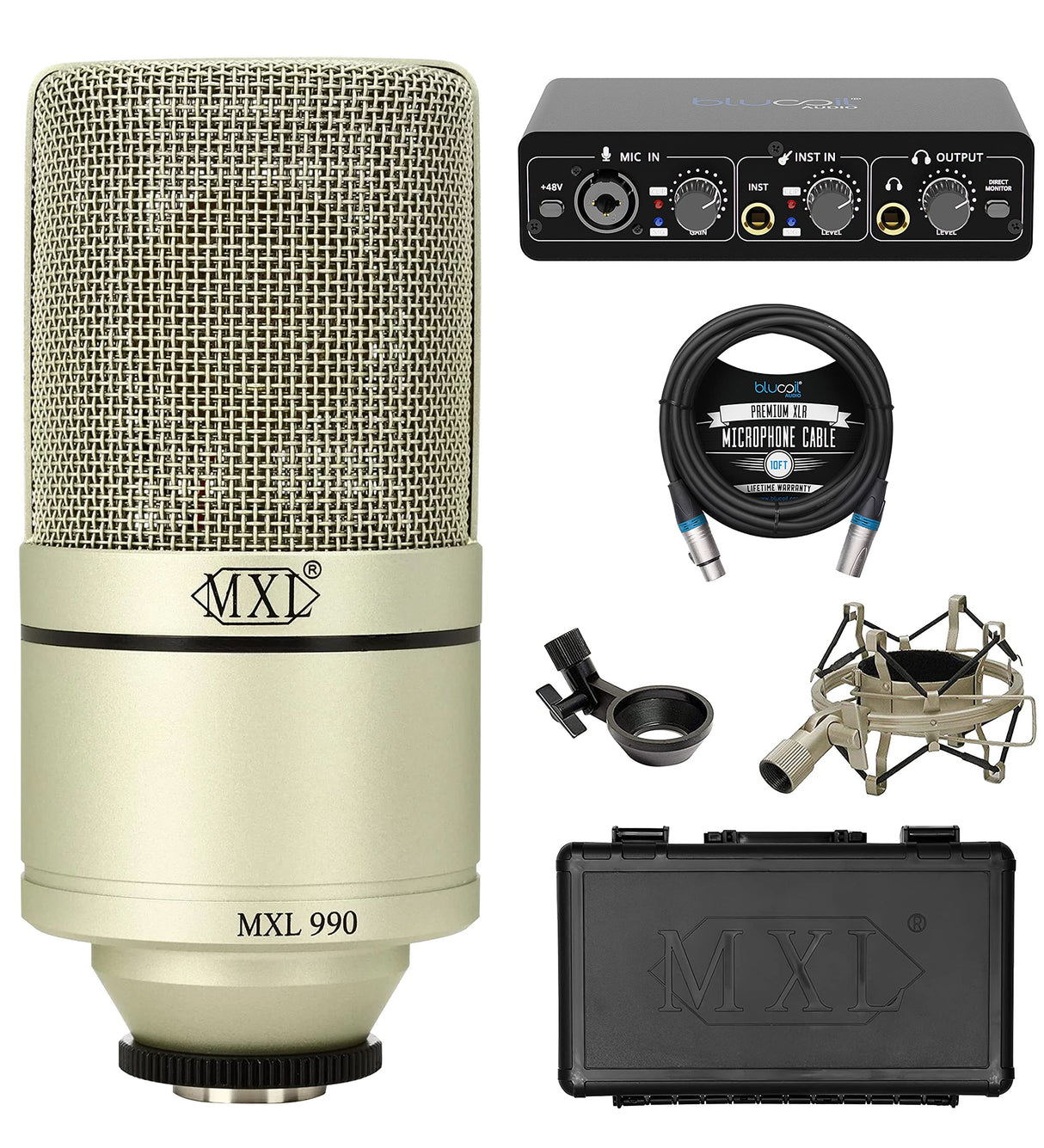 MXL 990 Cardioid Condenser Microphone for Vocals and Guitars (Champagne) Bundle with Blucoil Portable USB Audio Interface for Windows and Mac, and 10-FT Balanced XLR Cable