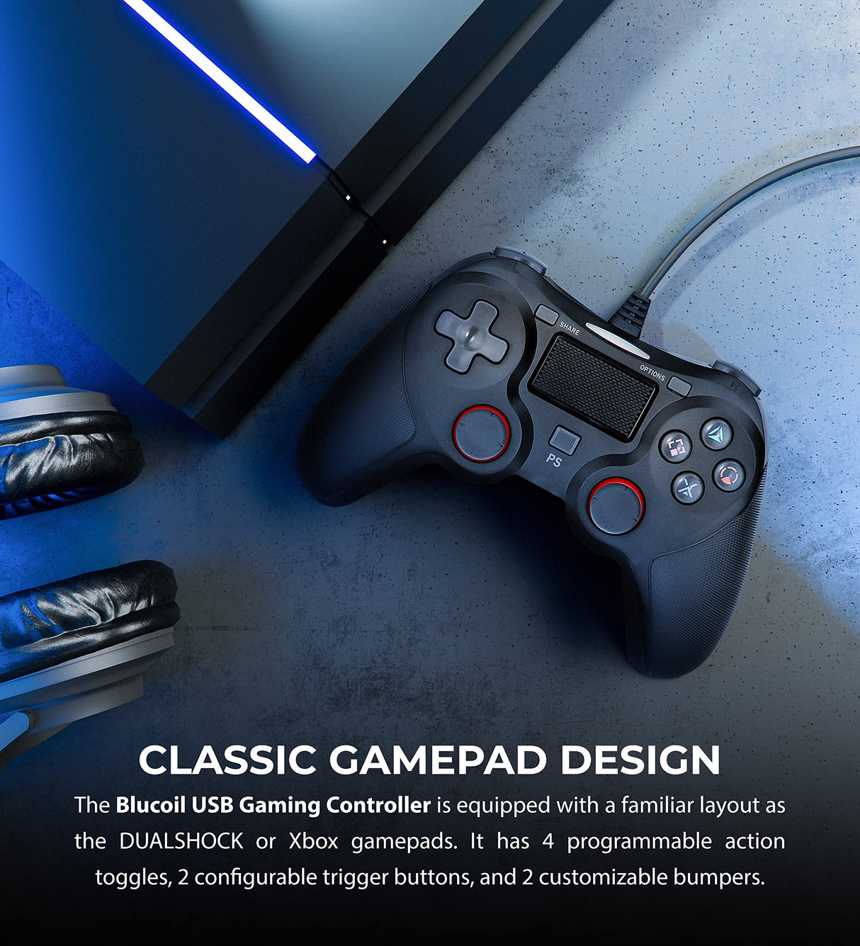 blucoil USB Wired Gaming Controller for Mac, Windows PC, and Playstation 4