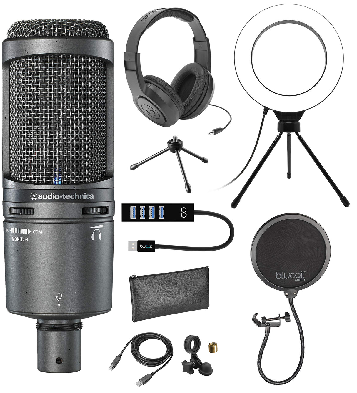 Audio-Technica AT2020USB+ Cardioid Condenser Microphone with Built-in Headphone Jack & Volume Control Bundle with Blucoil Pop Filter, 6" Ring Light, USB-A Mini Hub, and Samson SR350 Headphones