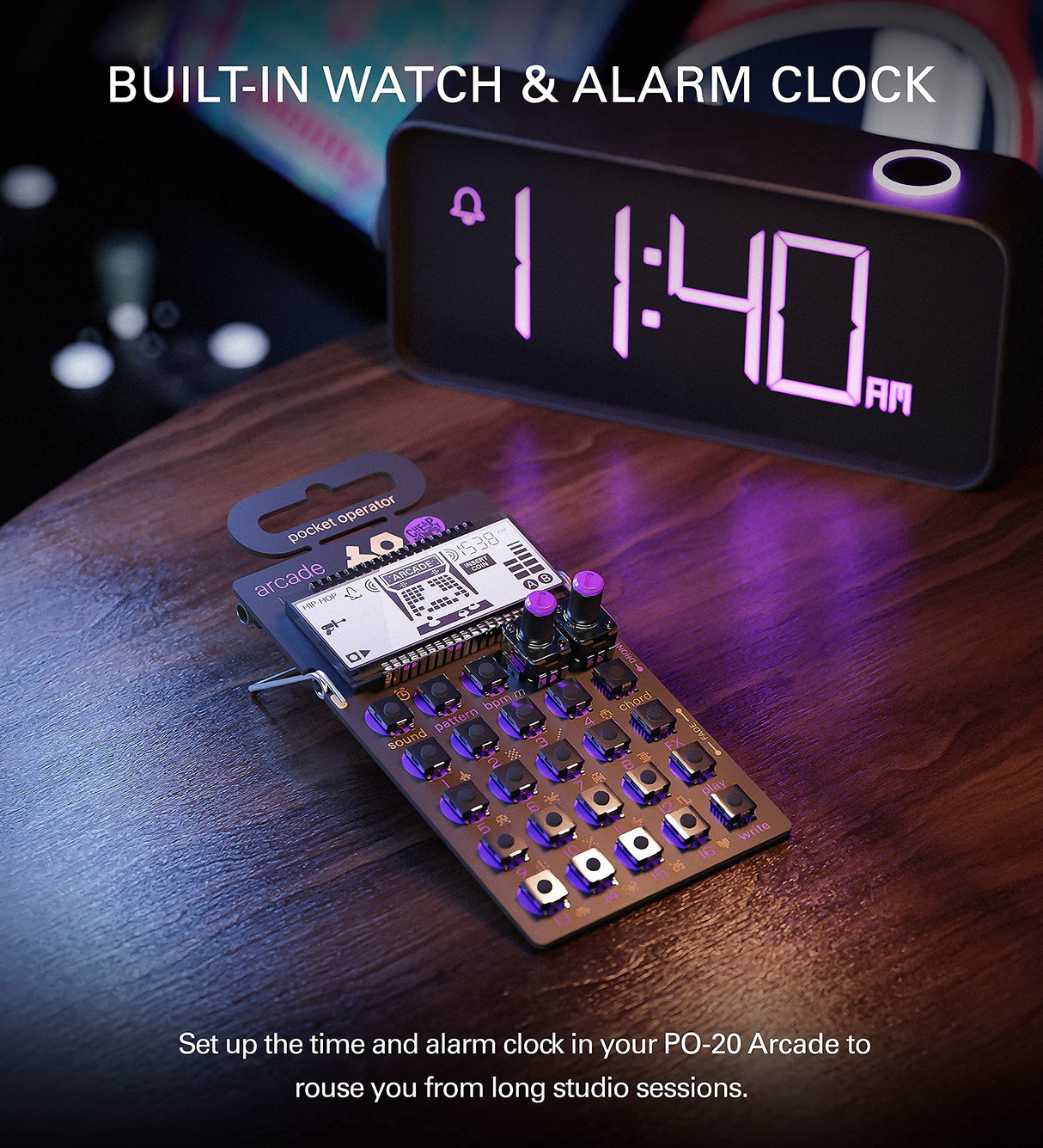 teen age engineering Pocket Operator PO-20 Arcade Synthesizer and Sequencer Bundle with Samson SR350 Over-Ear Stereo Headphones, Blucoil 3-Pack of 7" Audio AUX Cables, and 4 AAA Batteries