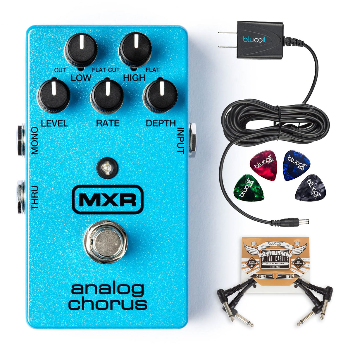 MXR M234 Analog Chorus Pedal Bundle with Blucoil Slim 9V 670mA Power Supply AC Adapter, 2-Pack of Pedal Patch Cables, and 4-Pack of Celluloid Guitar Picks