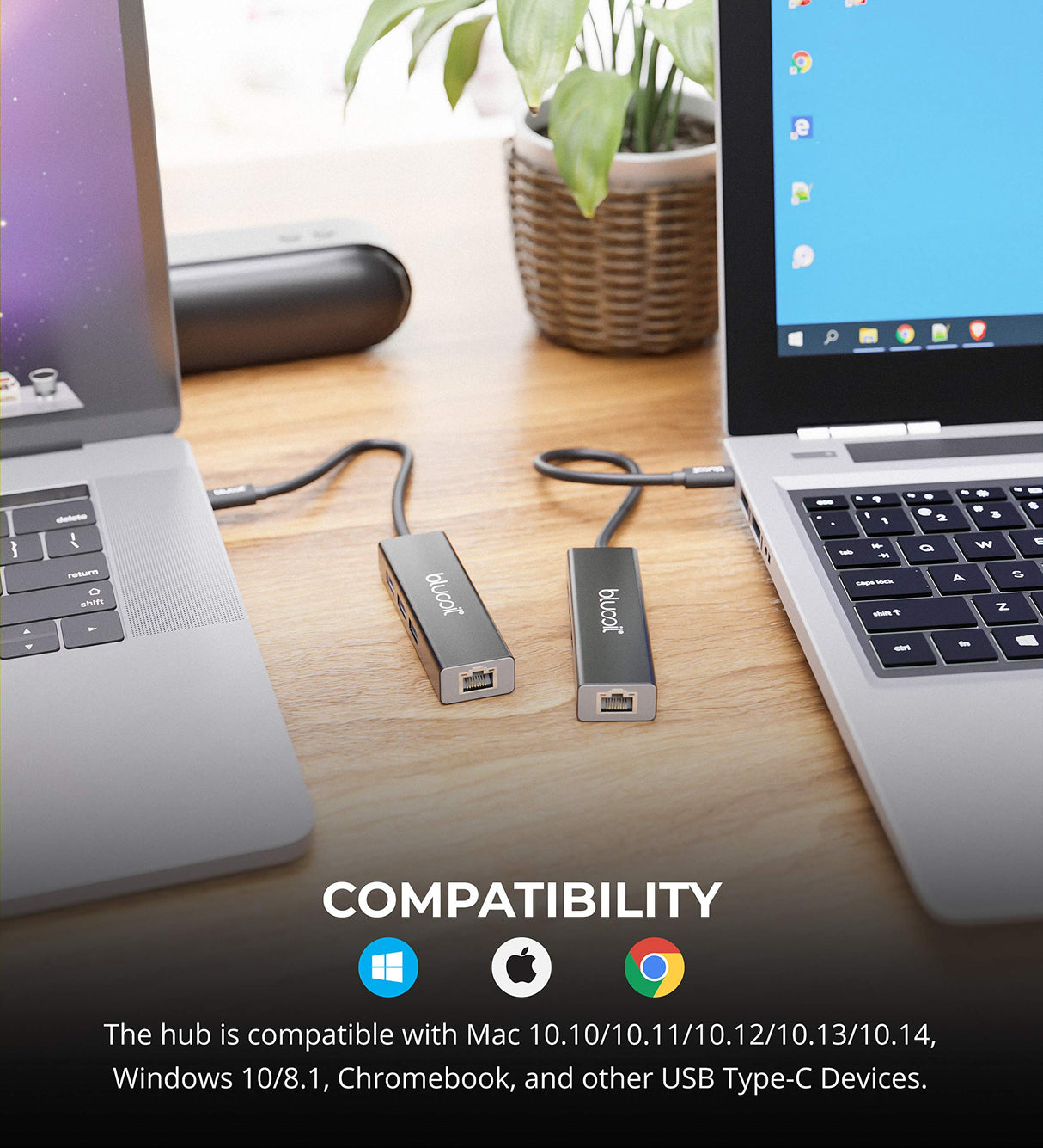 Blucoil 4-in-1 USB C Hub with 3 USB 3.0 Ports and Ethernet Adapter - Compatible with MacBook, Chromebook, Windows, and Other Type-C Devices