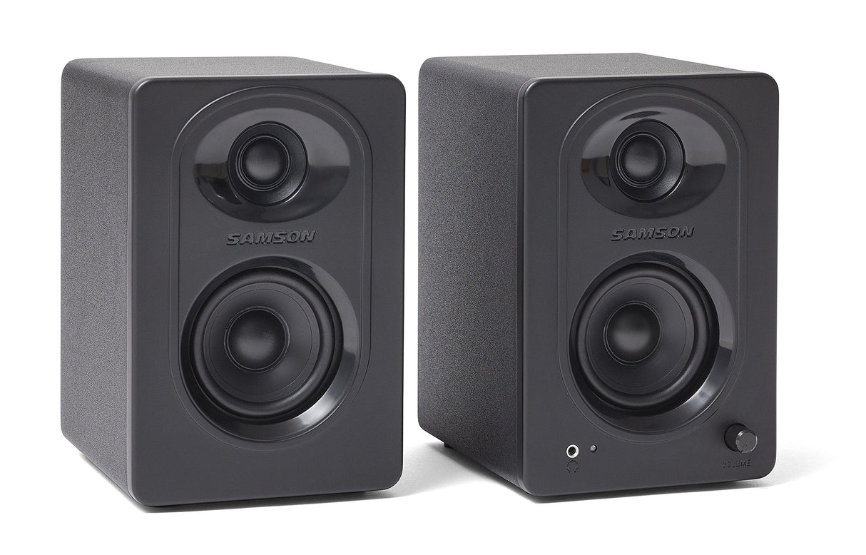 Samson SAM30 3-Inch Powered Studio Monitors Pair Featuring Polypropylene Woofer and 3/4-inch Silk-Dome Tweeter in MDF with Textured Vinyl Covering (Black)