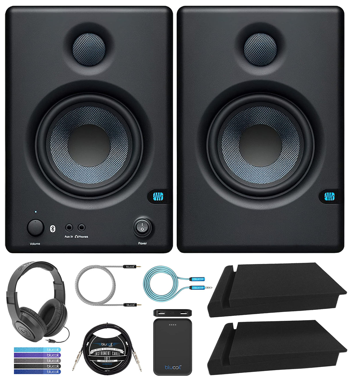 blucoil PreSonus Eris E4.5 BT Bluetooth Studio Monitors Bundle with Samson SR350 Headphones, 2X Isolation Pads, 10' Instrument, 6' 3.5mm Extension, 5' Aux Cables, 5X Cable Ties and 5000mAh Powerbank