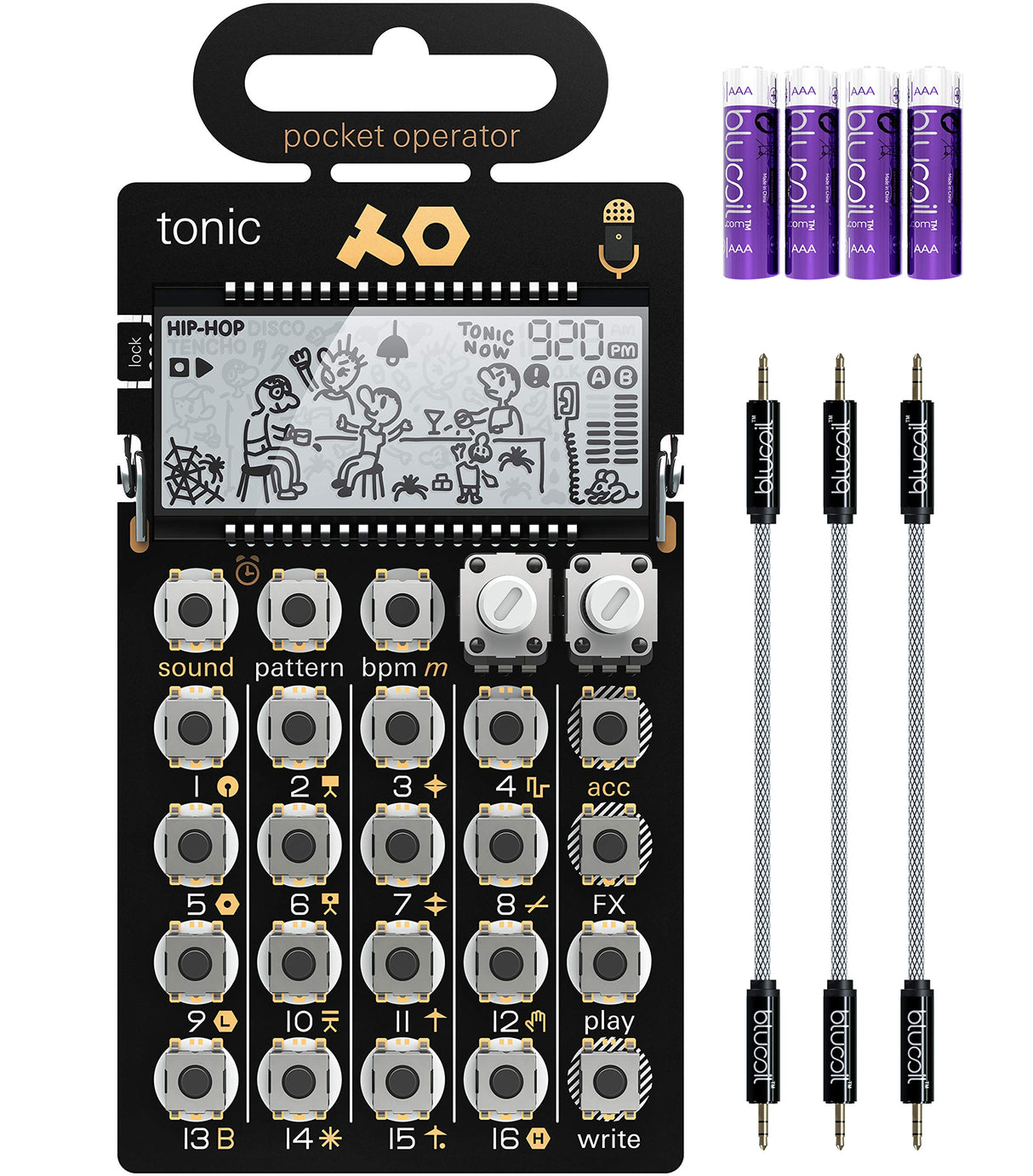 teen age engineering PO-32 Pocket Operator Tonic Drum Synth Bundle with Blucoil 3-Pack of 7" Audio Aux Cables, and 4 AAA Batteries