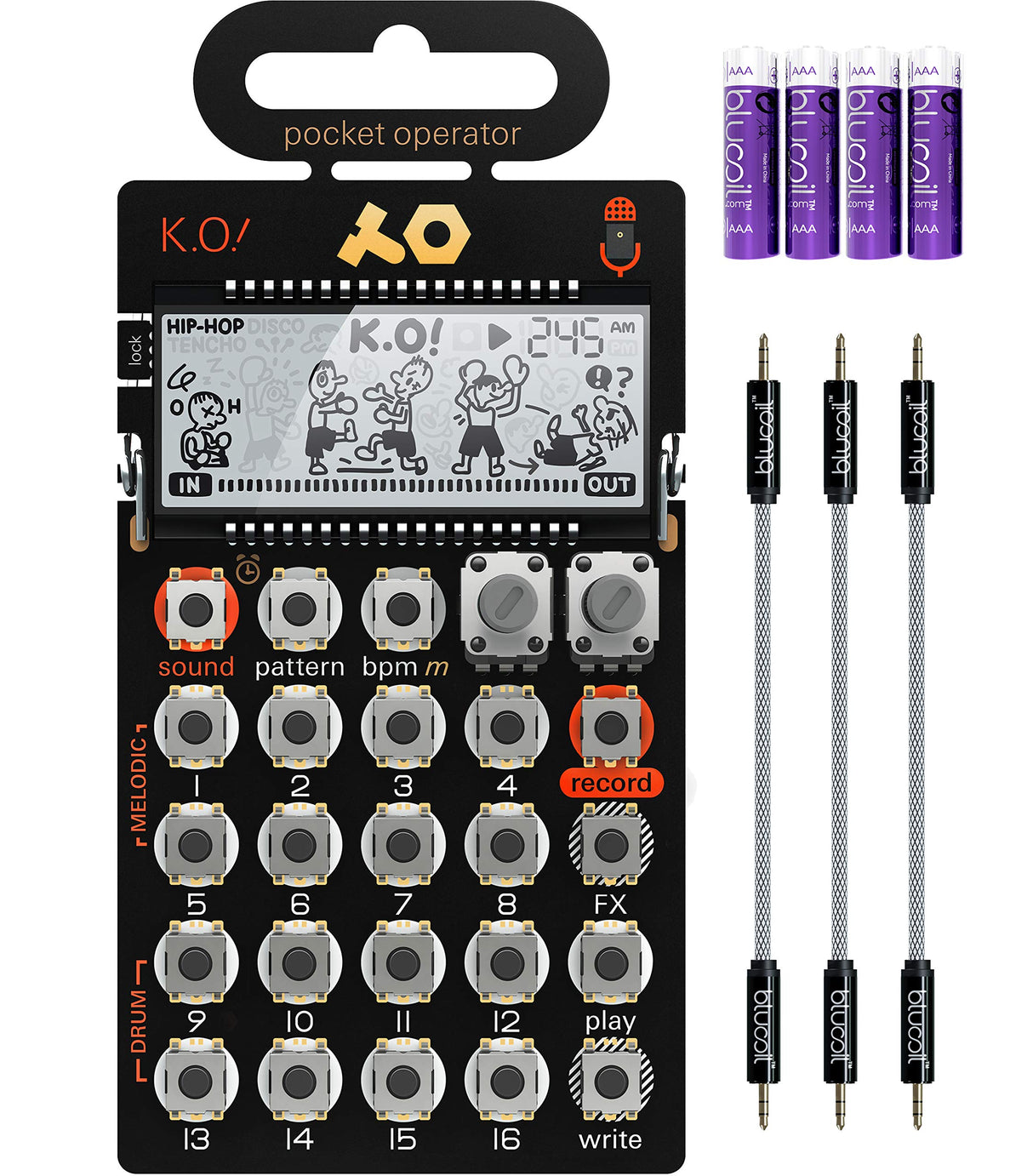 teen age engineering PO-33 Pocket Operator KO Sampler/Sequencer Bundle with Blucoil 3-Pack of 7" Audio Aux Cables, and 4 AAA Batteries