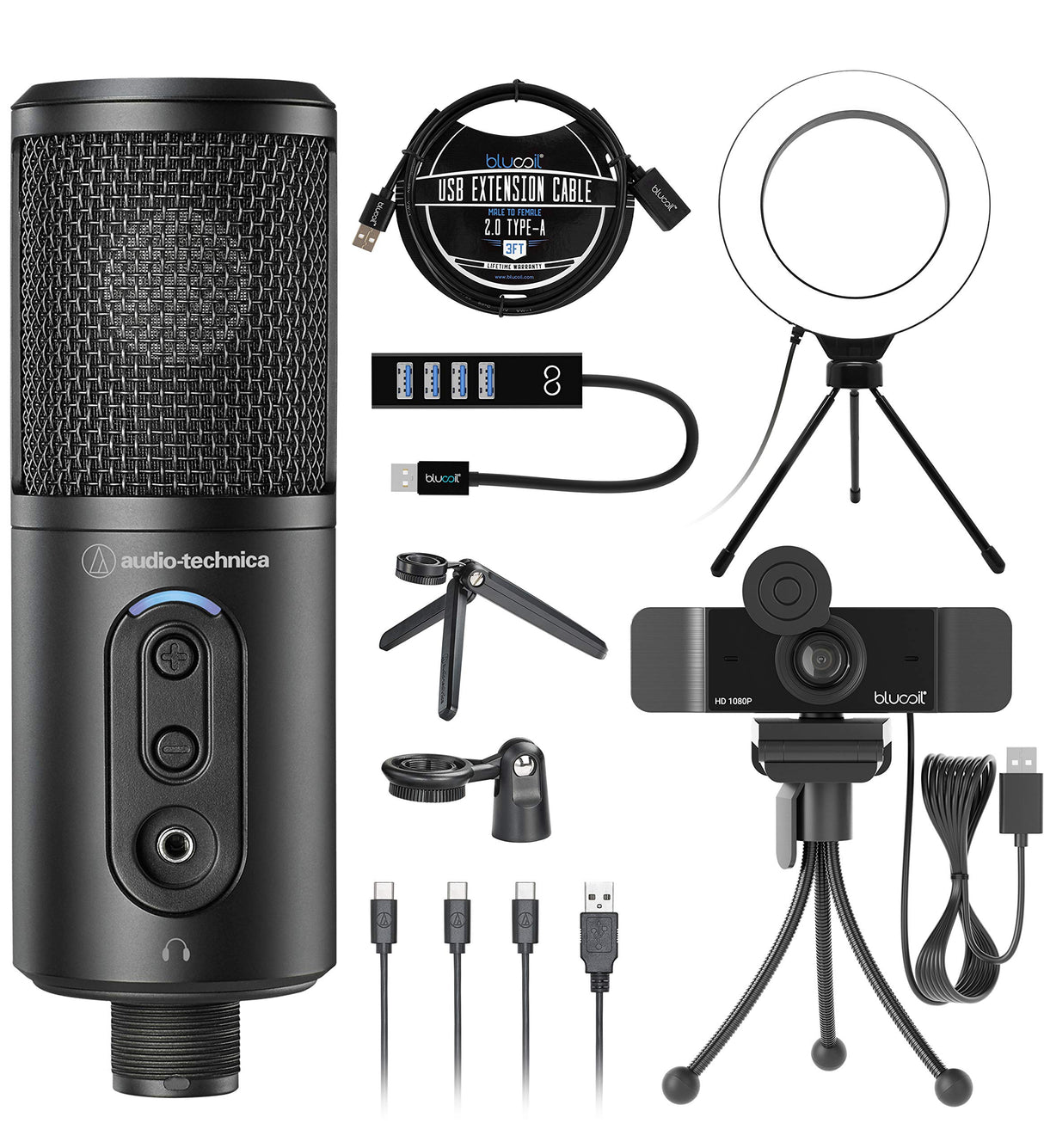 Audio-Technica ATR2500x-USB Cardioid Condenser Microphone (ATR Series) for Windows & Mac Bundle with Blucoil 1080p USB Webcam, 6" Dimmable Selfie Ring Light, USB-A Mini Hub, and 3' USB Extension Cable