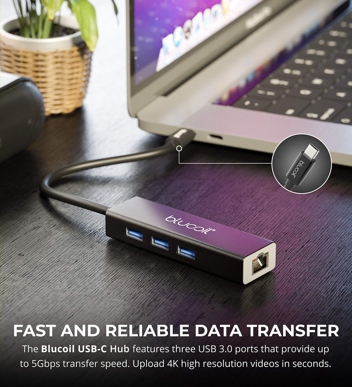 Blucoil 4-in-1 USB C Hub with 3 USB 3.0 Ports and Ethernet Adapter - Compatible with MacBook, Chromebook, Windows, and Other Type-C Devices