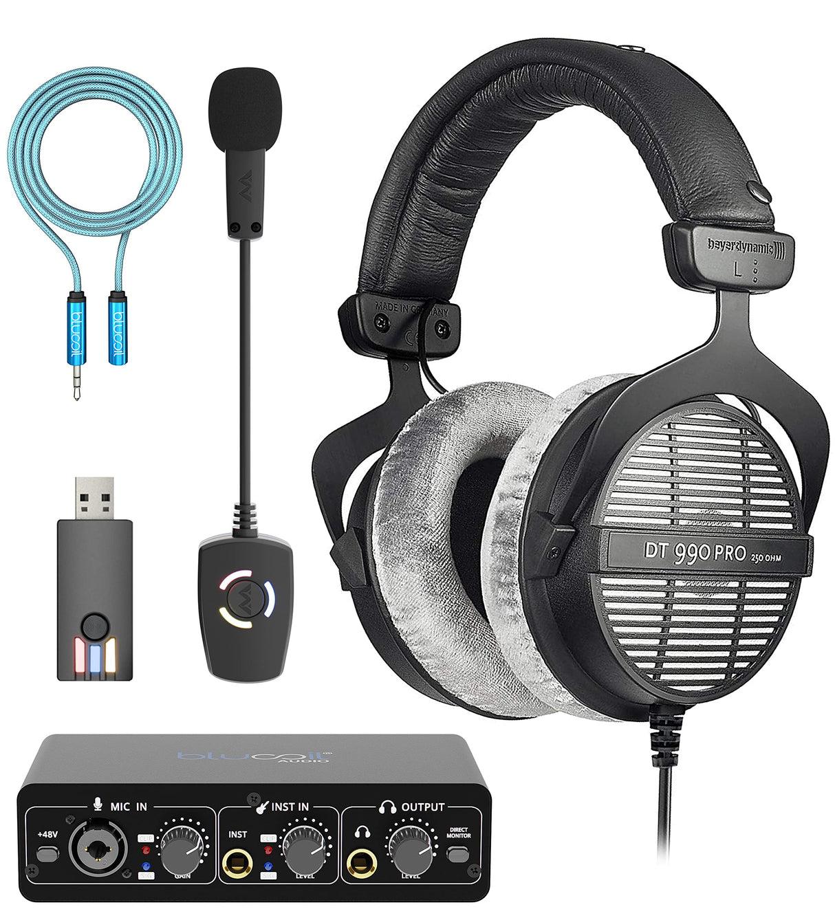 blucoil Beyerdynamic DT 990 Pro 250 Ohm Over-Ear Studio Headphones Bundle with Antlion Audio ModMic Wireless Attachable Boom Microphone, 6' 3.5mm Audio Extension Cable, and USB Audio Interface
