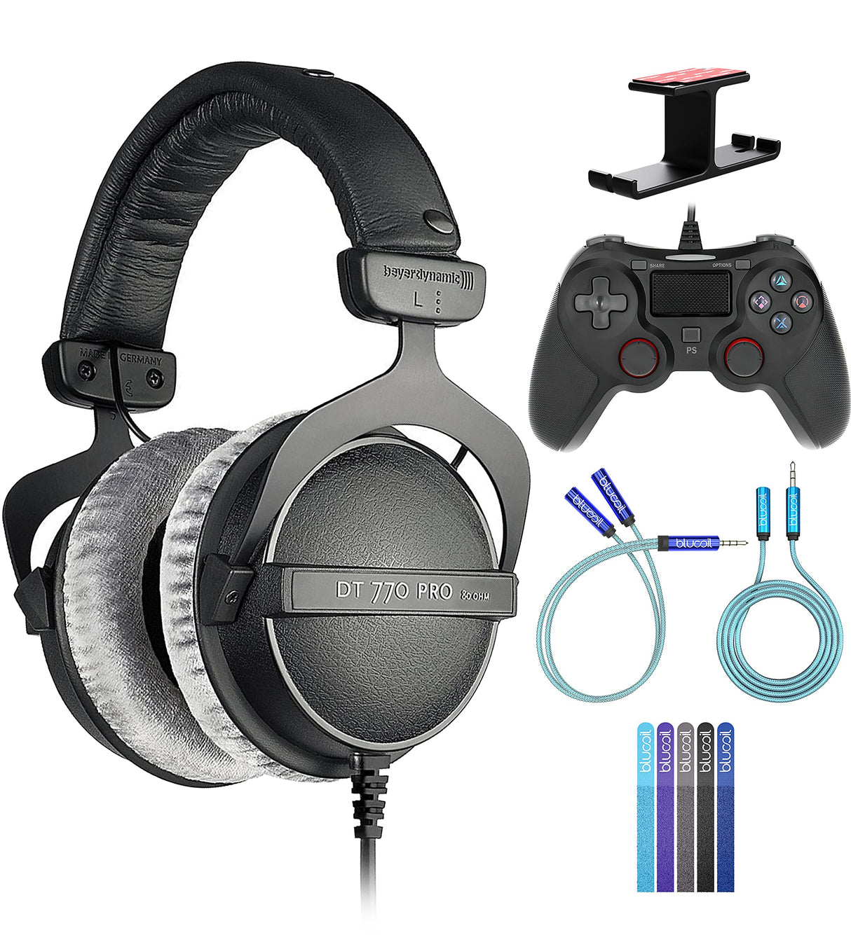 blucoil Beyerdynamic DT 770 PRO 80 Ohm Over-Ear Studio Headphones Bundle USB Gaming Controller for Windows/Mac/PS4, Y Splitter Cable, 6' 3.5mm Extension Cable, Headphone Hook, and 5X Cable Ties