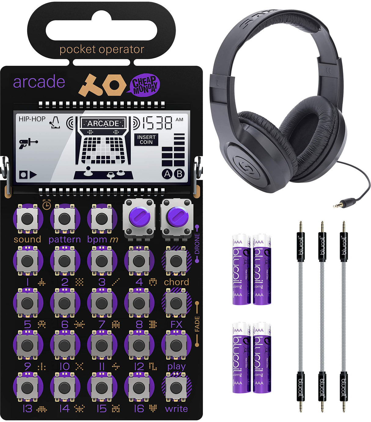 teen age engineering Pocket Operator PO-20 Arcade Synthesizer and Sequencer Bundle with Samson SR350 Over-Ear Stereo Headphones, Blucoil 3-Pack of 7" Audio AUX Cables, and 4 AAA Batteries