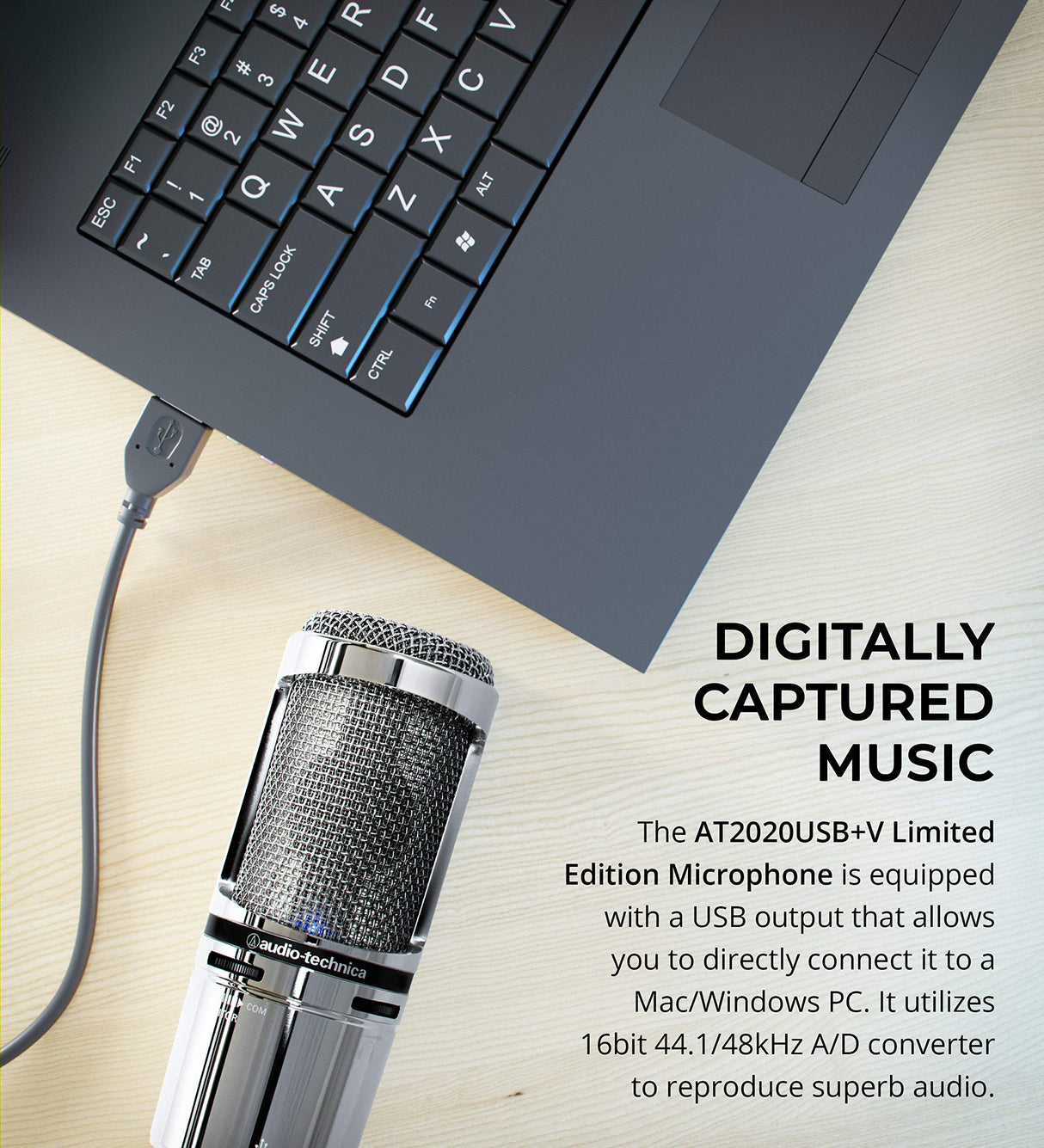 Audio-Technica AT2020USB+V Limited Edition Condenser Microphone (Chrome) Bundle with U-PHORIA UM2 USB Audio Interface, Blucoil Boom Arm Plus Pop Filter, 3' USB Extension Cable, and 5X Cable Ties