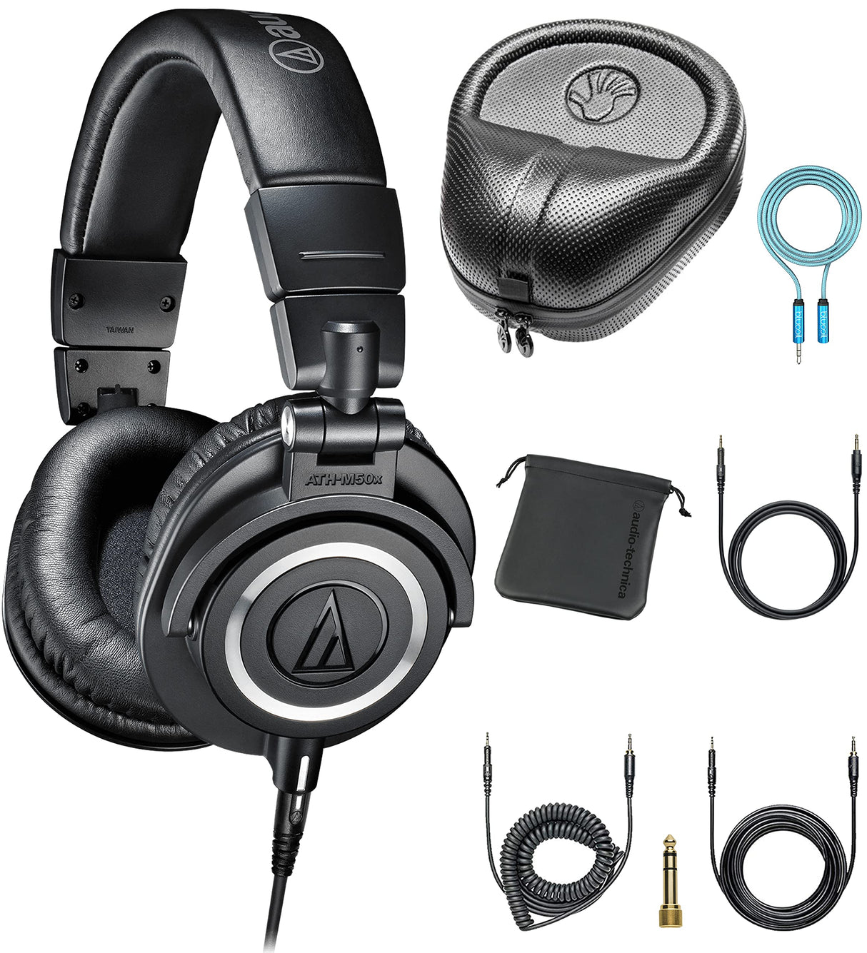 blucoil Audio Technica ATH-M50X Professional Studio Monitor Headphones, Black, Professional Grade Bundle 6' 3.5mm Audio Extension Cable, and Slappa Full-Sized HardBody PRO Headphone Case