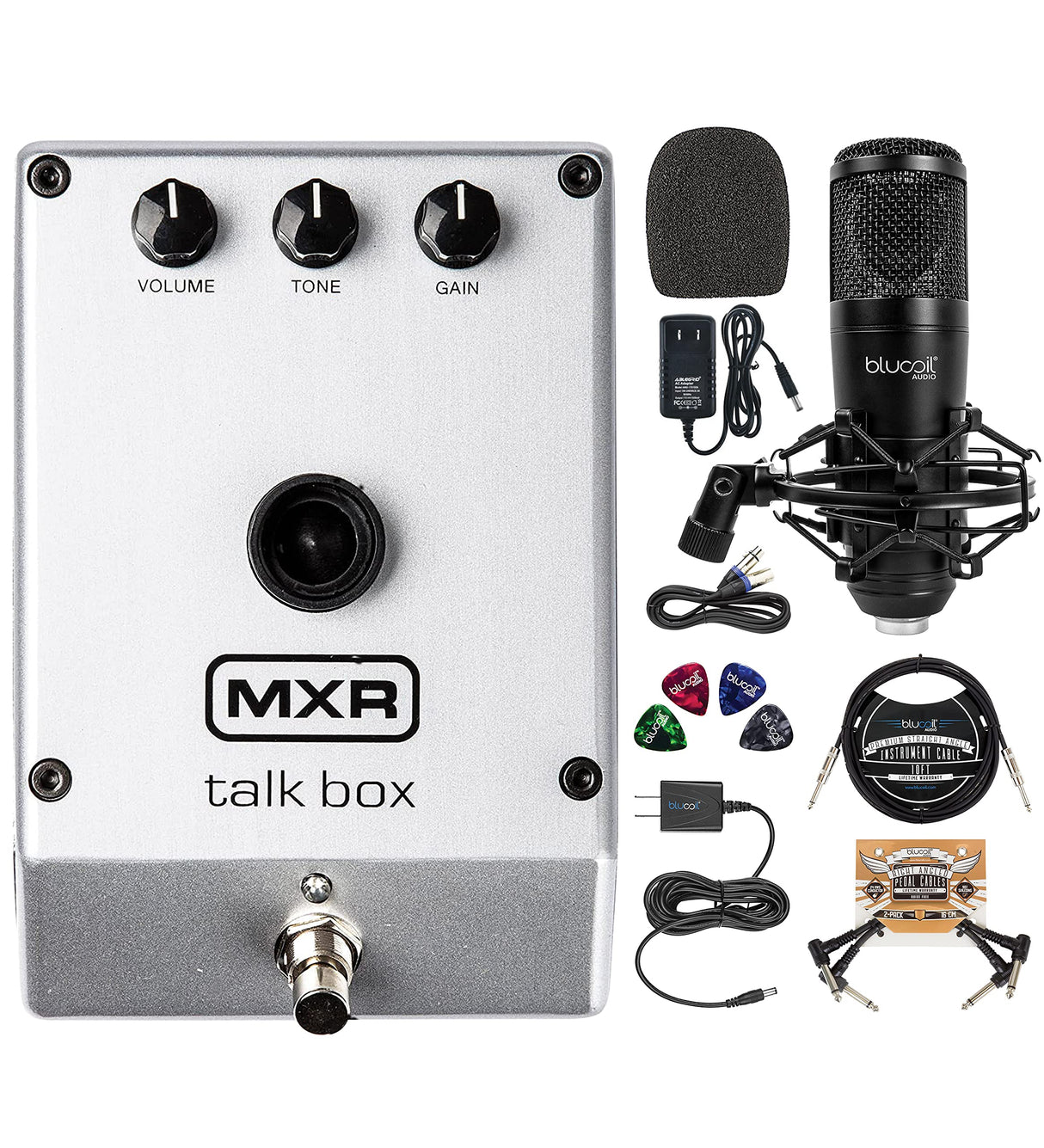 MXR M222 Talk Box with Built-In Amplifier Bundle with Blucoil XLR Condenser Microphone, 9V AC Adapter, 10' Straight Instrument Cable (1/4"), 2x Pedal Patch Cables, and 4x Celluloid Guitar Picks