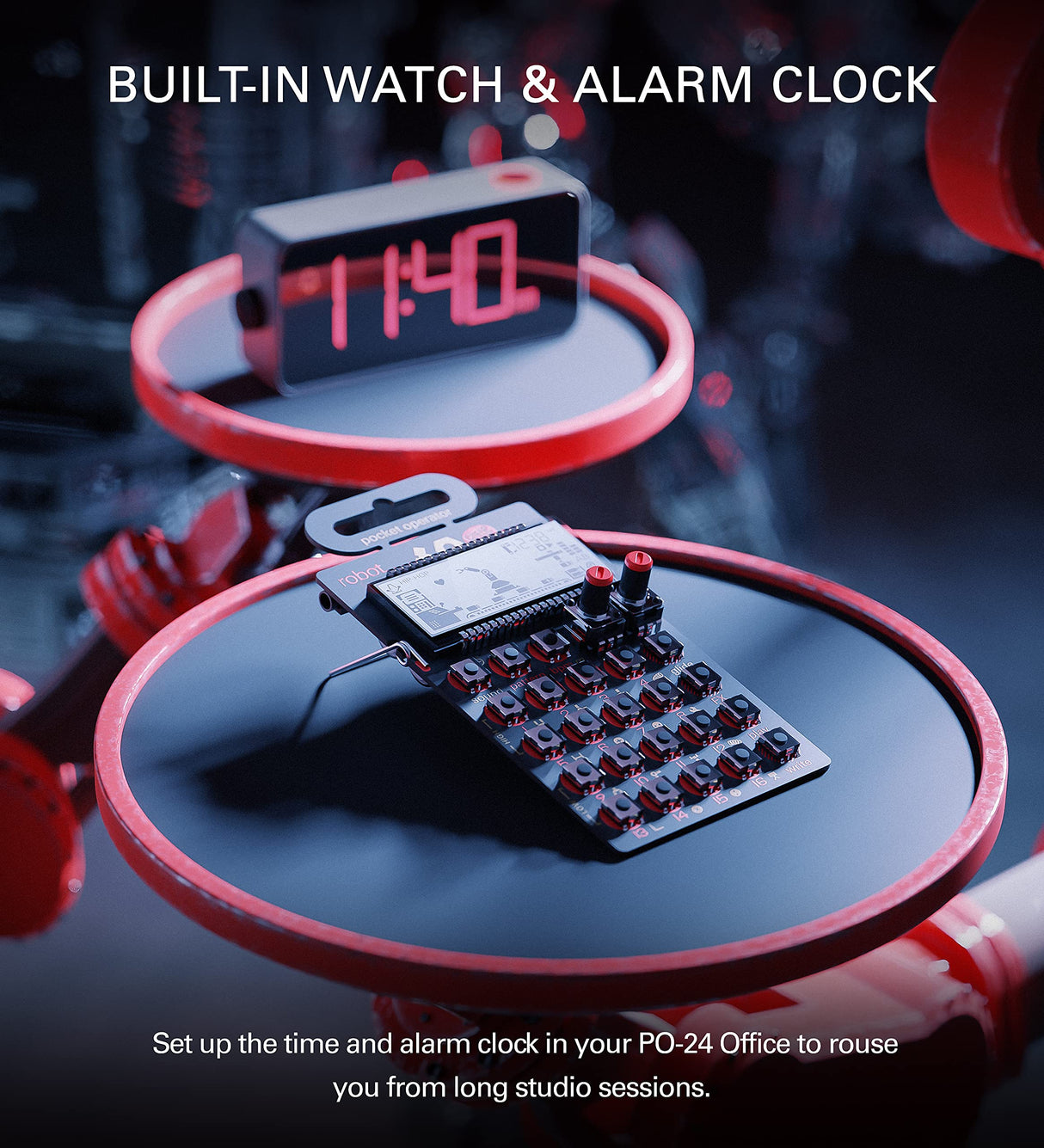 teen age engineering PO-28 Pocket Operator Robot Lead Synthesizer/Sequencer Bundle with Samson SR350 Over-Ear Closed-Back Headphones, Blucoil 3-Pack of 7" Audio Aux Cables, and 4 AAA Batteries