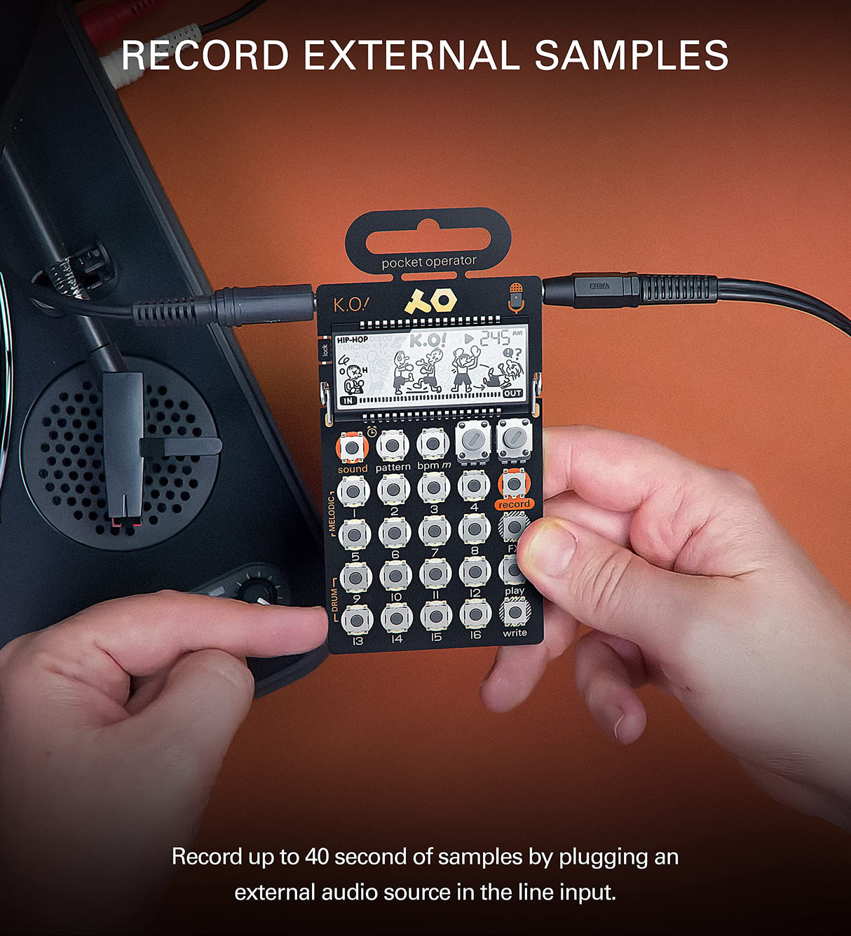 teen age engineer ing PO-33 Pocket Operator KO Sampler/Sequencer Bundle with Samson SR350 Over Ear Stereo Headphones, Blucoil 3-Pack of 7" Audio Aux Cables, and 4 AAA Batteries