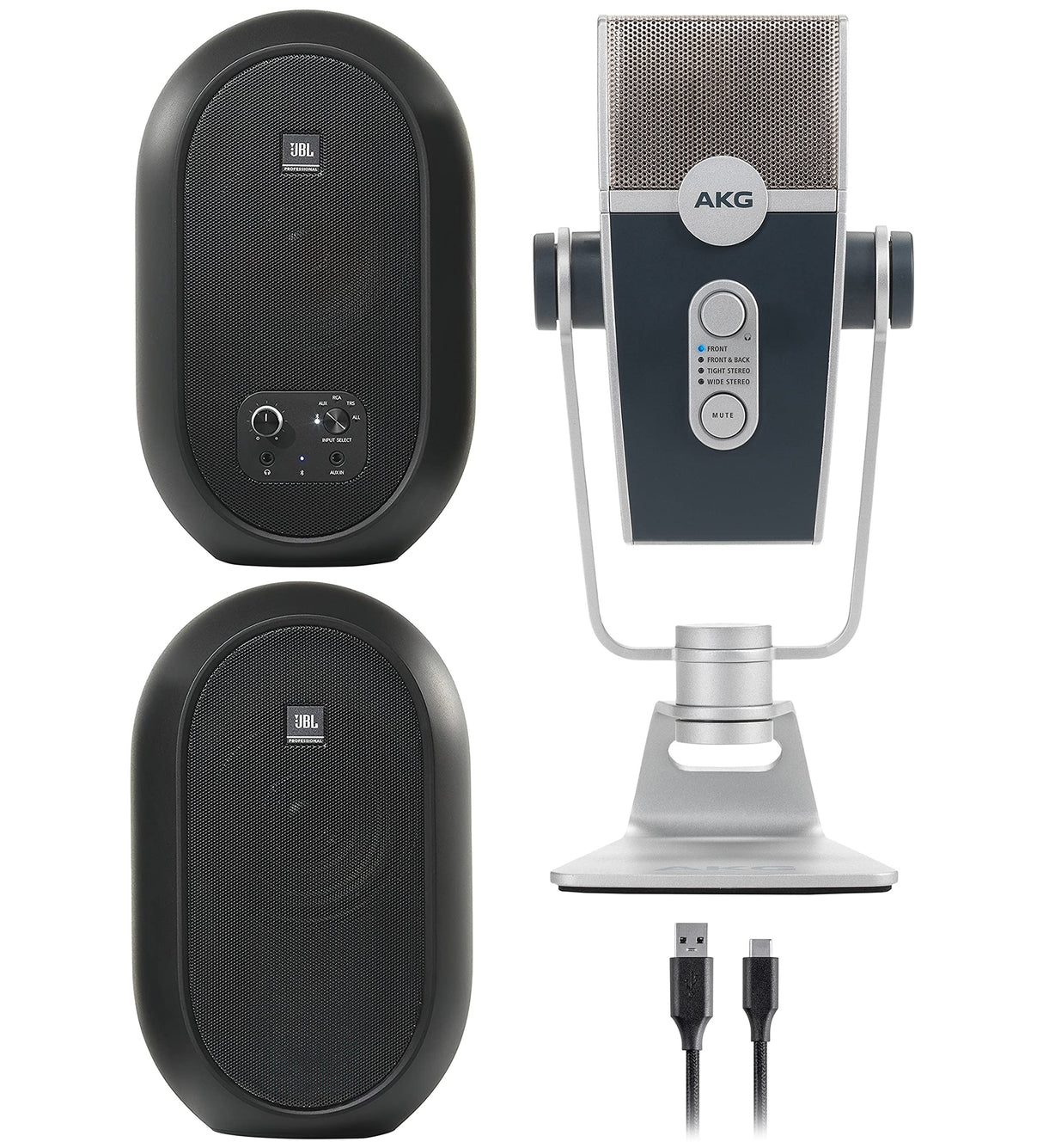 J BL Professional 1 Series 104-BT Compact Desktop Reference Monitors with Bluetooth, Black, Sold as Pair Bundle with AKG Pro Audio Lyra Ultra-HD, Four Capsule, Multi-Capture Mode, USB-C Microphone