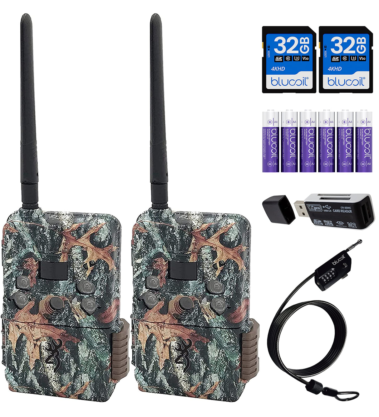 Browning BTC-DWPS-VZW Defender Wireless Pro Scout Outdoor Trail Cameras (Verizon) (2-Pack) Bundle with Blucoil 32GB SDHC Cards (2-Pack), 6 AA Batteries, 6.5' Cable Lock, and VidPro USB Card Reader