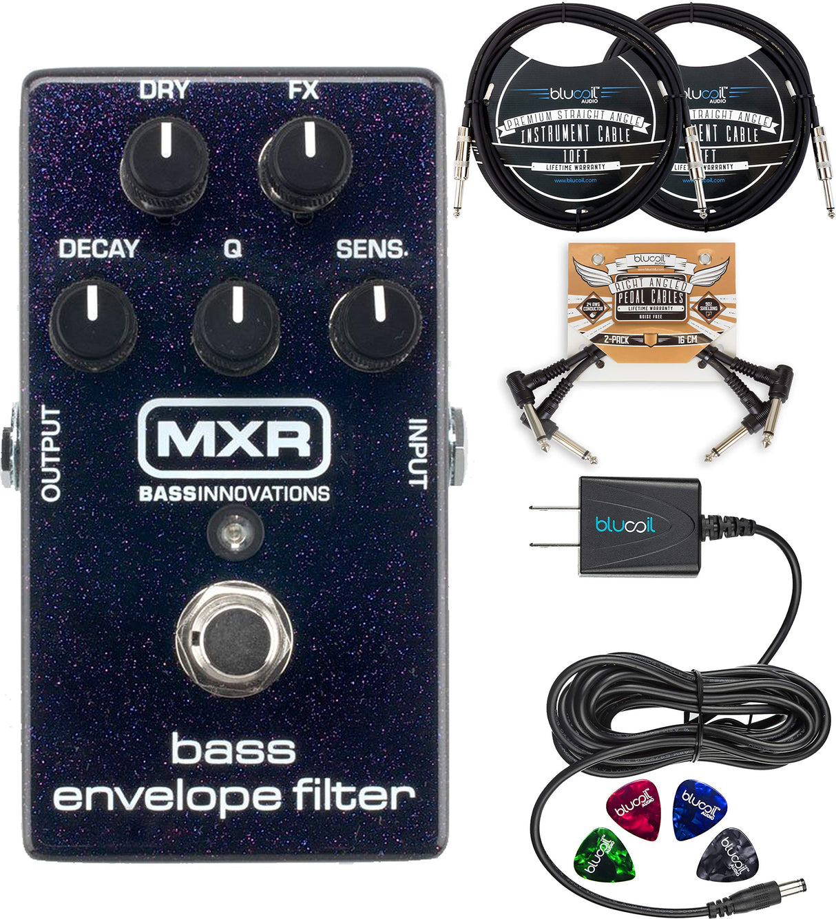 MXR M82 Bass Envelope Filter Pedal Bundle with Blucoil Slim 9V Power Supply AC Adapter, 2-Pack of 10-FT Straight Instrument Cables (1/4in), 2x Patch Cables, and 4-Pack of Celluloid Guitar Picks