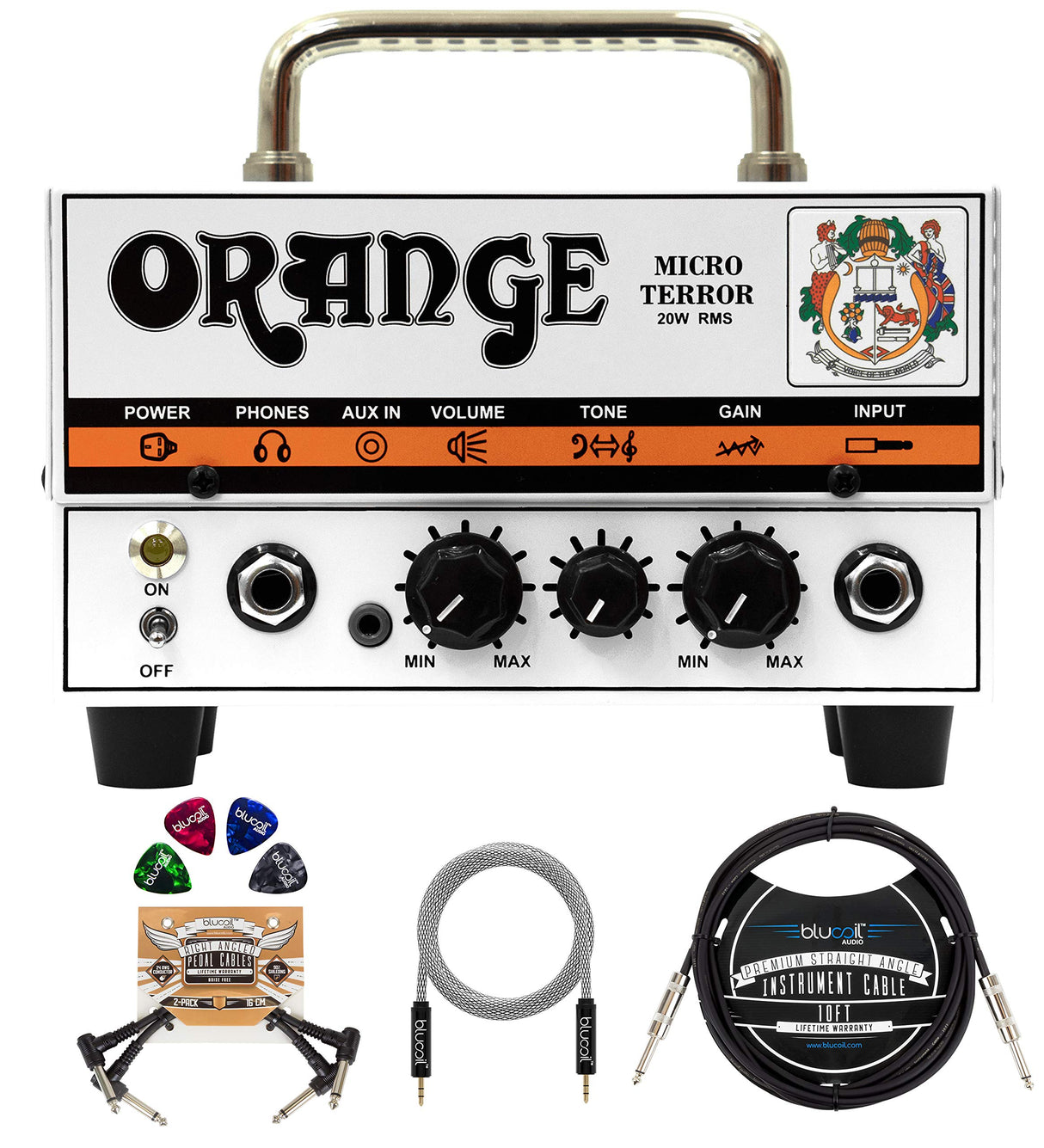 Orange Amps Micro Terror 20W Guitar Amplifier Head Bundle with Blucoil 10' Straight Instrument Cable (1/4"), 5-FT Audio Aux Cable, 2-Pack of Pedal Patch Cables, and 4-Pack of Celluloid Guitar Picks