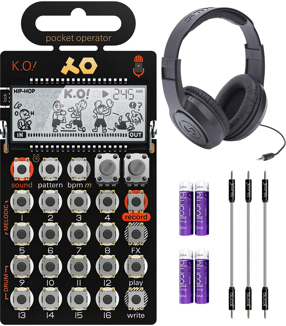 teen age engineer ing PO-33 Pocket Operator KO Sampler/Sequencer Bundle with Samson SR350 Over Ear Stereo Headphones, Blucoil 3-Pack of 7" Audio Aux Cables, and 4 AAA Batteries