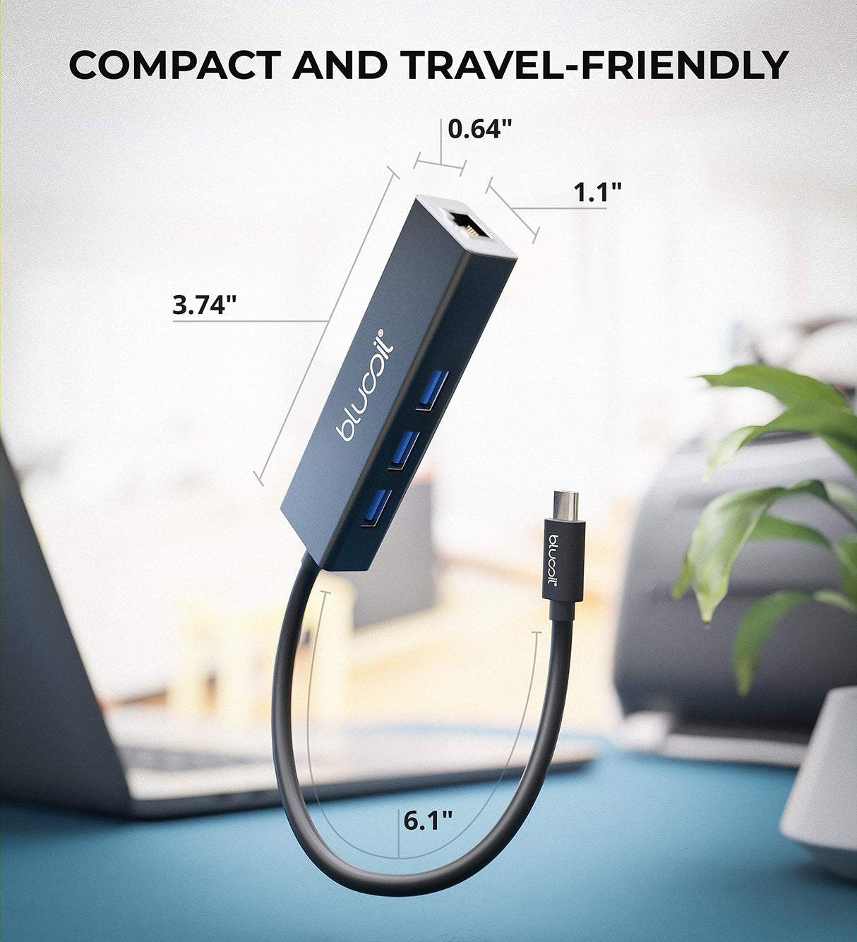 Blucoil 4-in-1 USB C Hub with 3 USB 3.0 Ports and Ethernet Adapter - Compatible with MacBook, Chromebook, Windows, and Other Type-C Devices